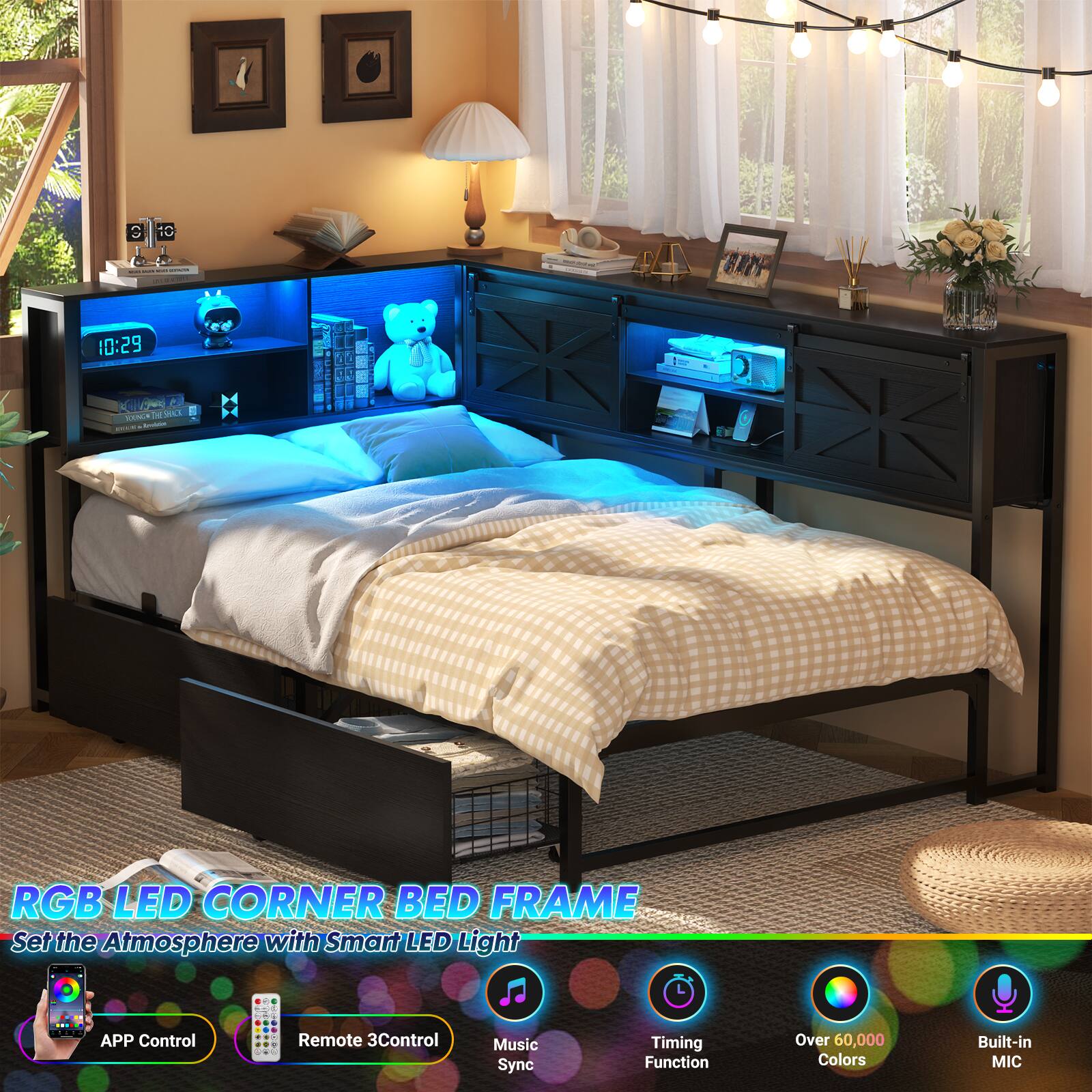 RGB LED CORNER BED FRAME

Set the Atmosphere with Smart LED Light

- APP Control
- Remote 3Control
- Music Sync
- Timing Function
- Over 60,000 Colors
- Built-in MIC