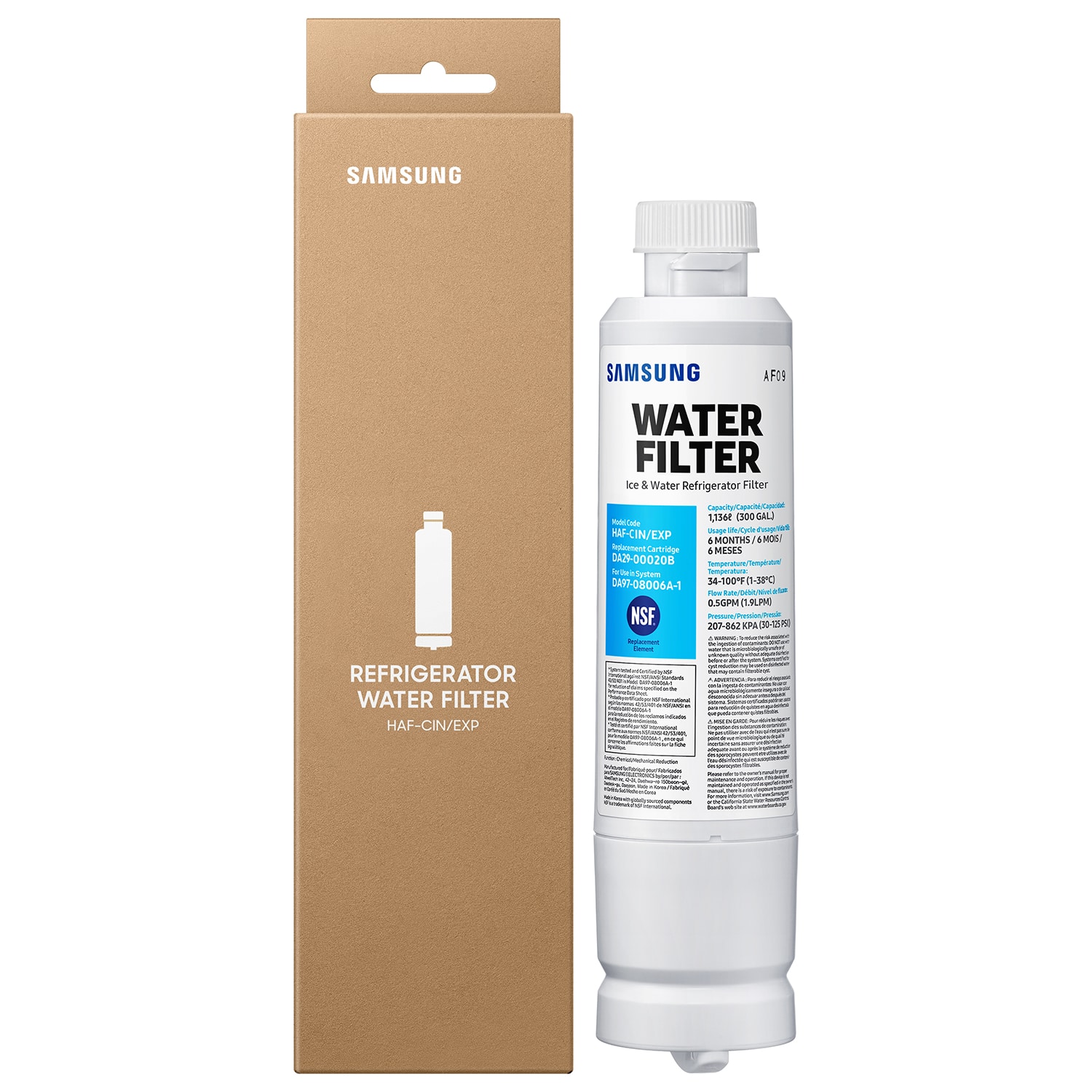 SAMSUNG REFRIGERATOR WATER FILTER HAF-CIN/EXP  
SAMSUNG AF19 WATER FILTER Ice & Water Refrigerator Filter  
300-GAL  
4 MONTHS  
4 SEPT. Cartridge  
DA29-00020B  
Temperature/Tempo  
DA97-08006A-1  
LP NSF  
Rui 201-8  
KPA  
RCCA  

SAMSUNG  
WATER FILTER  
Ice & Water Refrigerator Filter  
Capacity: 1,354 (300 GAL)  
Model: HAF-CIN/EXP  
6 MONTHS / 6 MOS.  
DA29-00020B  
DA97-08006A-1  
NSF  
207-862-KP (P12-159)