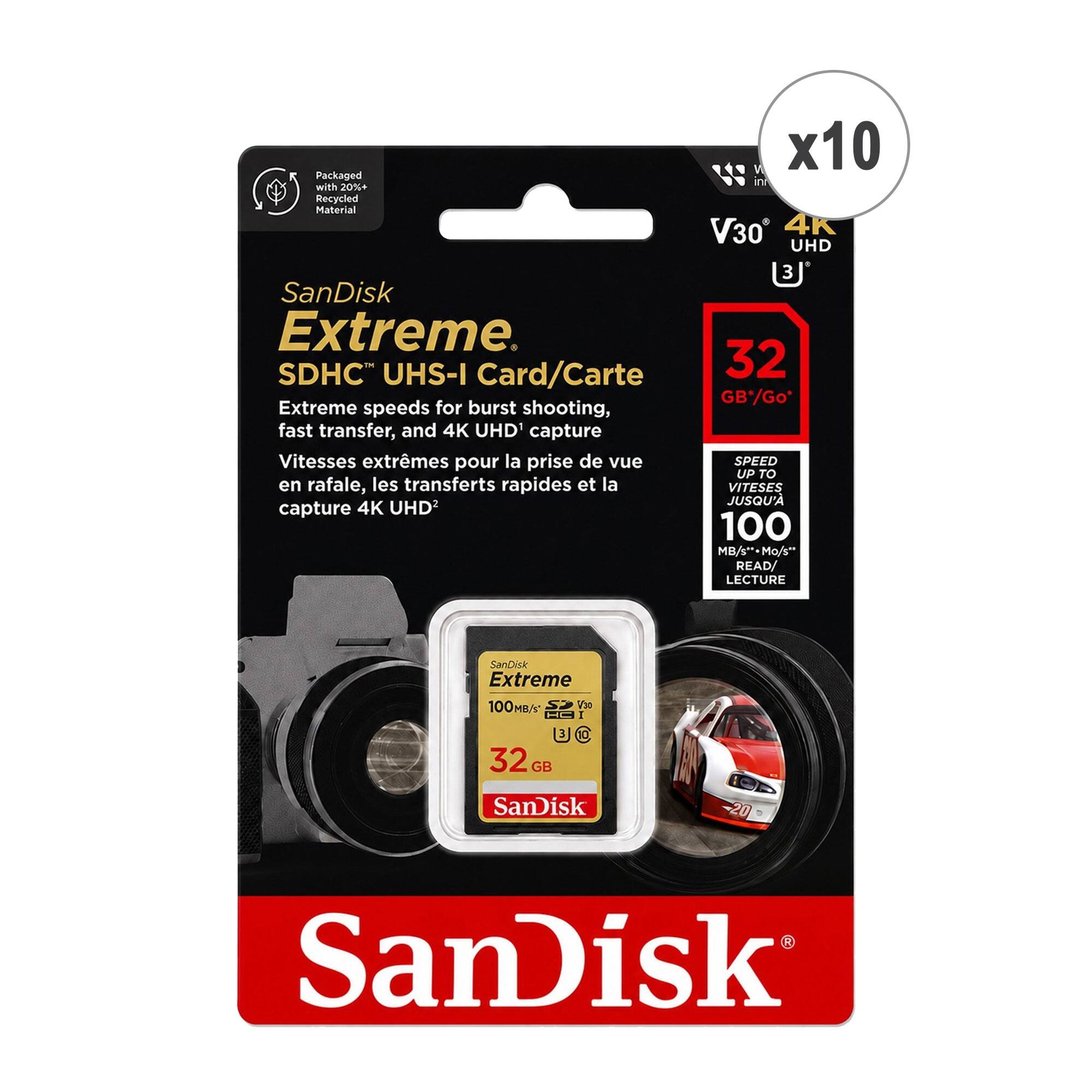 Packaged with 20%+ Recycled Material SanDisk Extreme. SDHC UHS-I Card/Carte Extreme speeds for burst shooting, fast transfer, and 4K UHD' capture Vitesses extrmes pour la prise de vue en rafale, les transferts rapides et la capture 4K UHD2 V x10 ind V30 4K UHD 3 32 GBGo SPEED UP TO VITESES JUSQU'A 100 MB/s"-Mo/s READ/ LECTURE SanDisk Extreme 100/ Vhe 1 3 32 GB SamDisk SanDisk