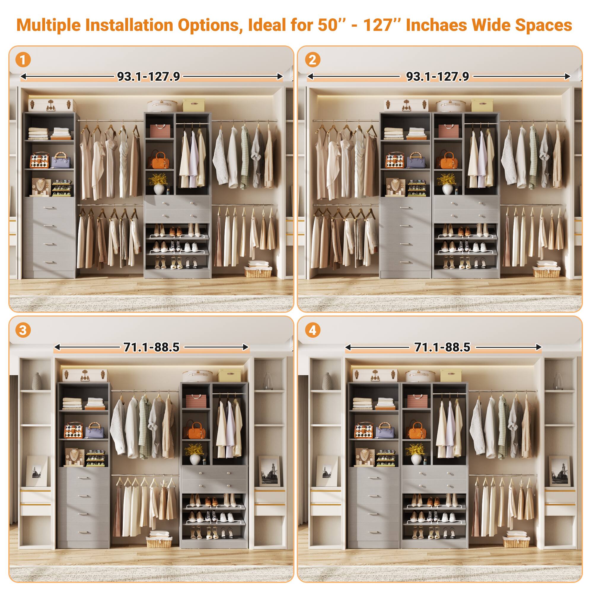 Multiple Installation Options, Ideal for 50" - 127" Inches Wide Spaces

1. 93.1-127.9
2. 93.1-127.9
3. 71.1-88.5
4. 71.1-88.5