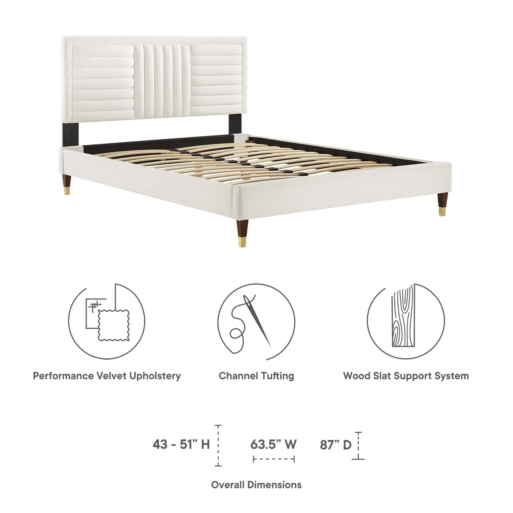 Performance Velvet Upholstery  
Channel Tufting  
Wood Slat Support System  

Overall Dimensions:  
43 - 51" H  
63.5" W  
87" D