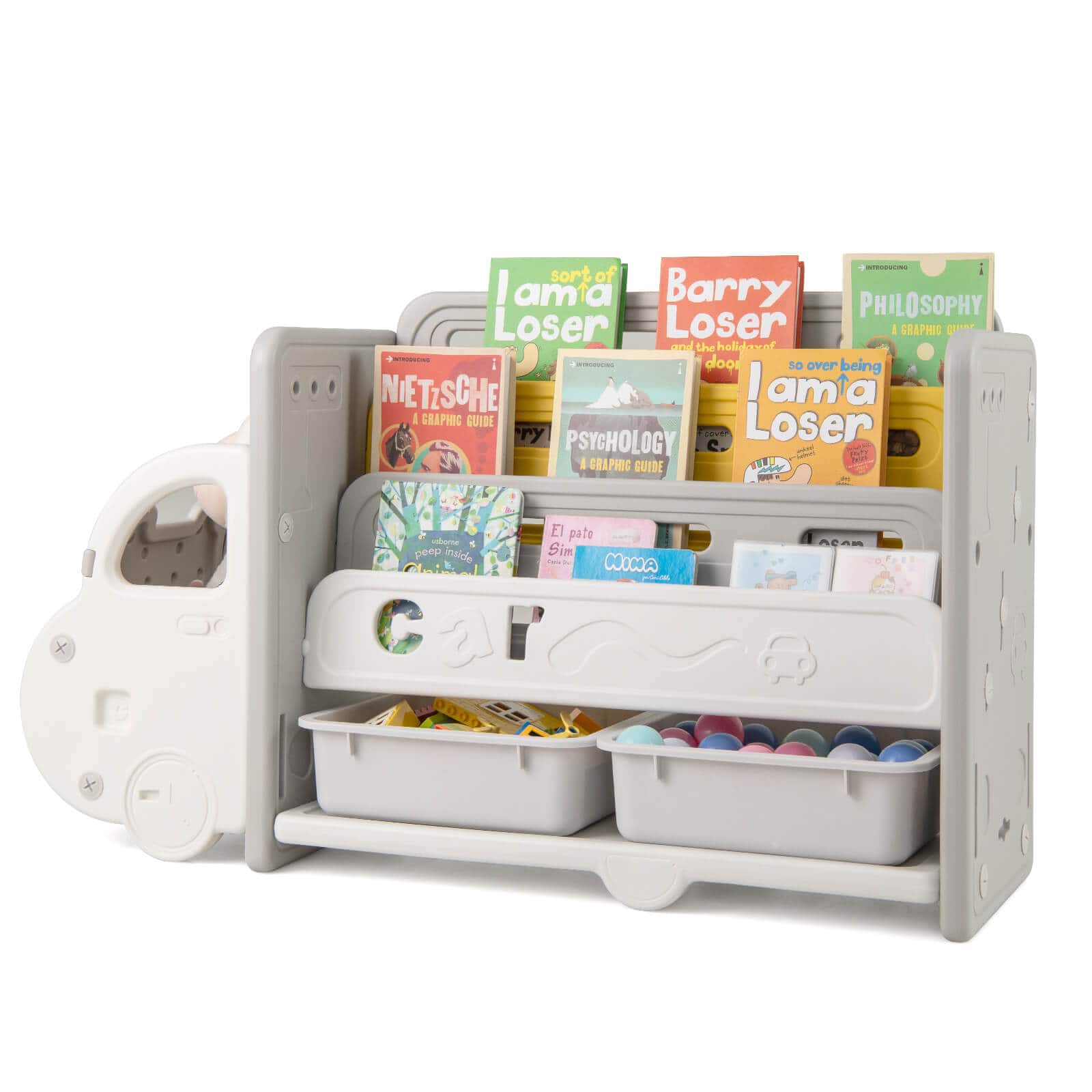 Costway - 3-Tier Kids Toy Storage and Bookshelf with 2 Storage Boxes Decorative Car Head - Beige price history on PriceWatchPro