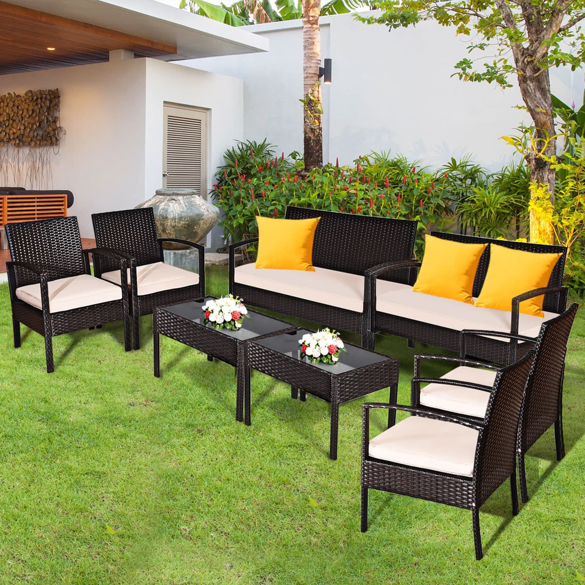 Gymax - 8PCS Patio Rattan Set Cushioned Sectional Sofa Glass Table - as pics