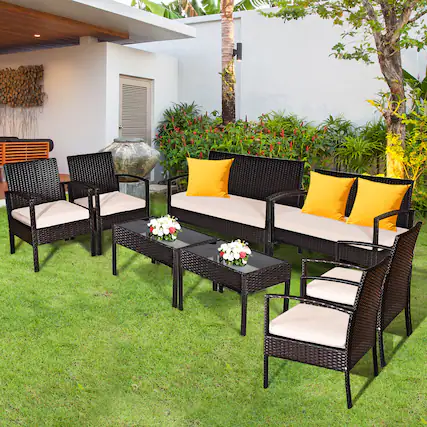 Front. Gymax - Gymax 8PCS Patio Rattan Set Cushioned Sectional Sofa Glass Table - as pics.