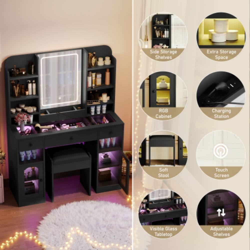 Side Storage Shelves  
Extra Storage Space  
RGB Cabinet  
Charging Station  
Soft Stool  
Touch Screen  
Visible Glass Tabletop  
Adjustable Shelves