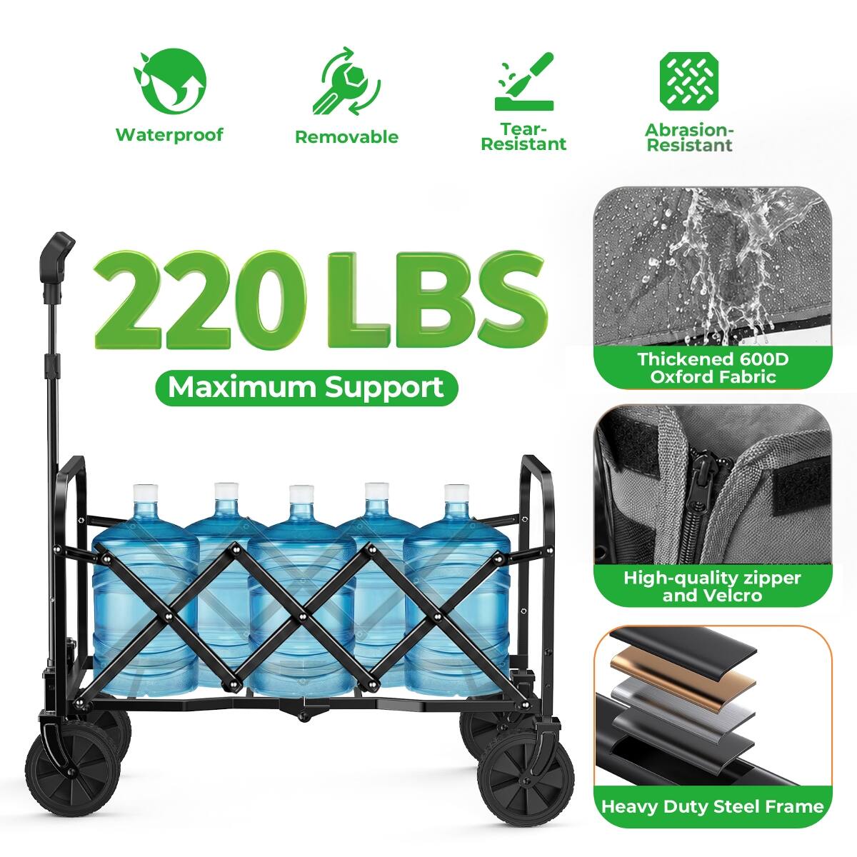 Waterproof  
Removable  
Tear-Resistant  
Abrasion-Resistant  
220 LBS Maximum Support  
Thickened 600D Oxford Fabric  
High-quality zipper and Velcro  
Heavy Duty Steel Frame