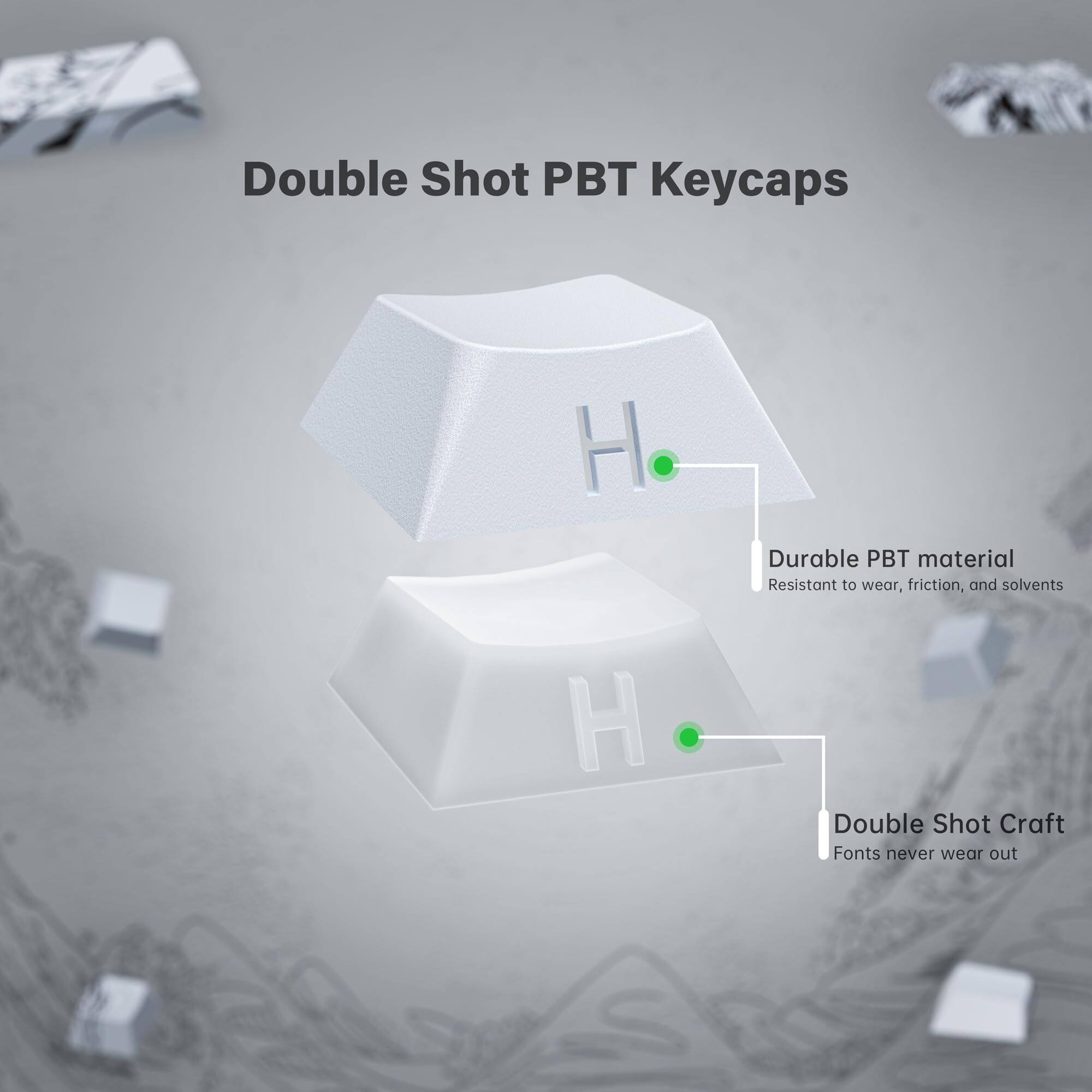 Double Shot PBT Keycaps

- Durable PBT material
  - Resistant to wear, friction, and solvents

- Double Shot Craft
  - Fonts never wear out