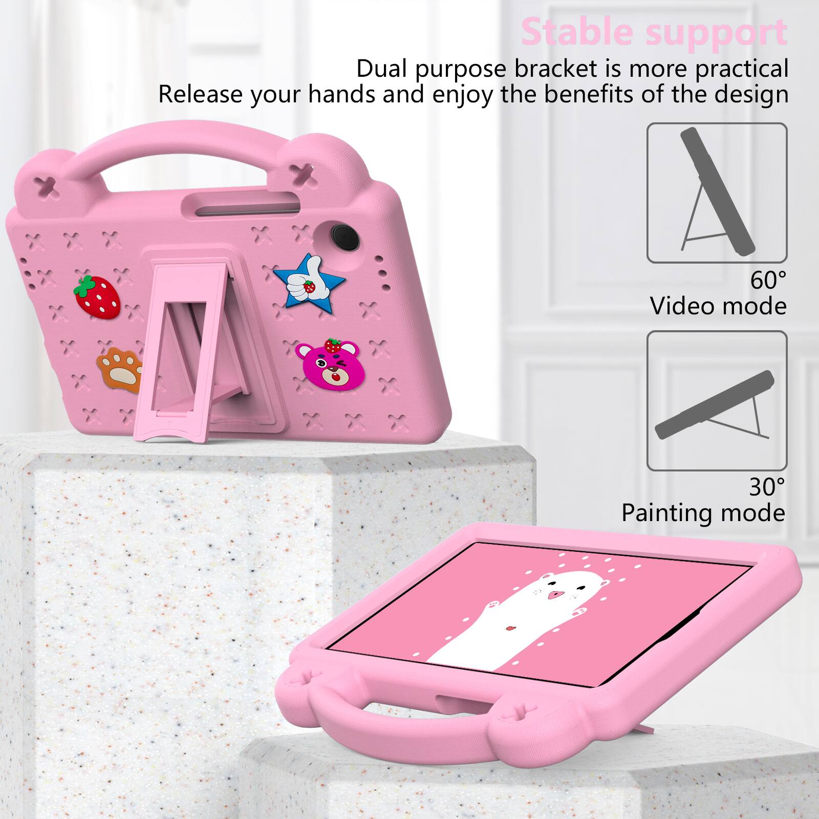 Stable support  
Dual purpose bracket is more practical  
Release your hands and enjoy the benefits of the design  
A 60° Video mode  
30° Painting mode