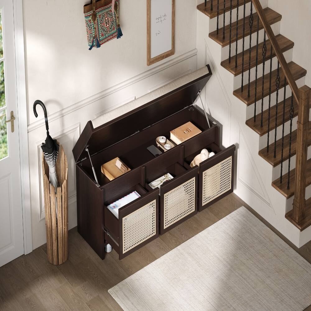 Left. Ropilly - Ropilly Retro Entryway Shoe Bench with Rattan Drawers Tufted Cushion Hidden Storage Espresso Hallway Foyer Seating - Espresso.