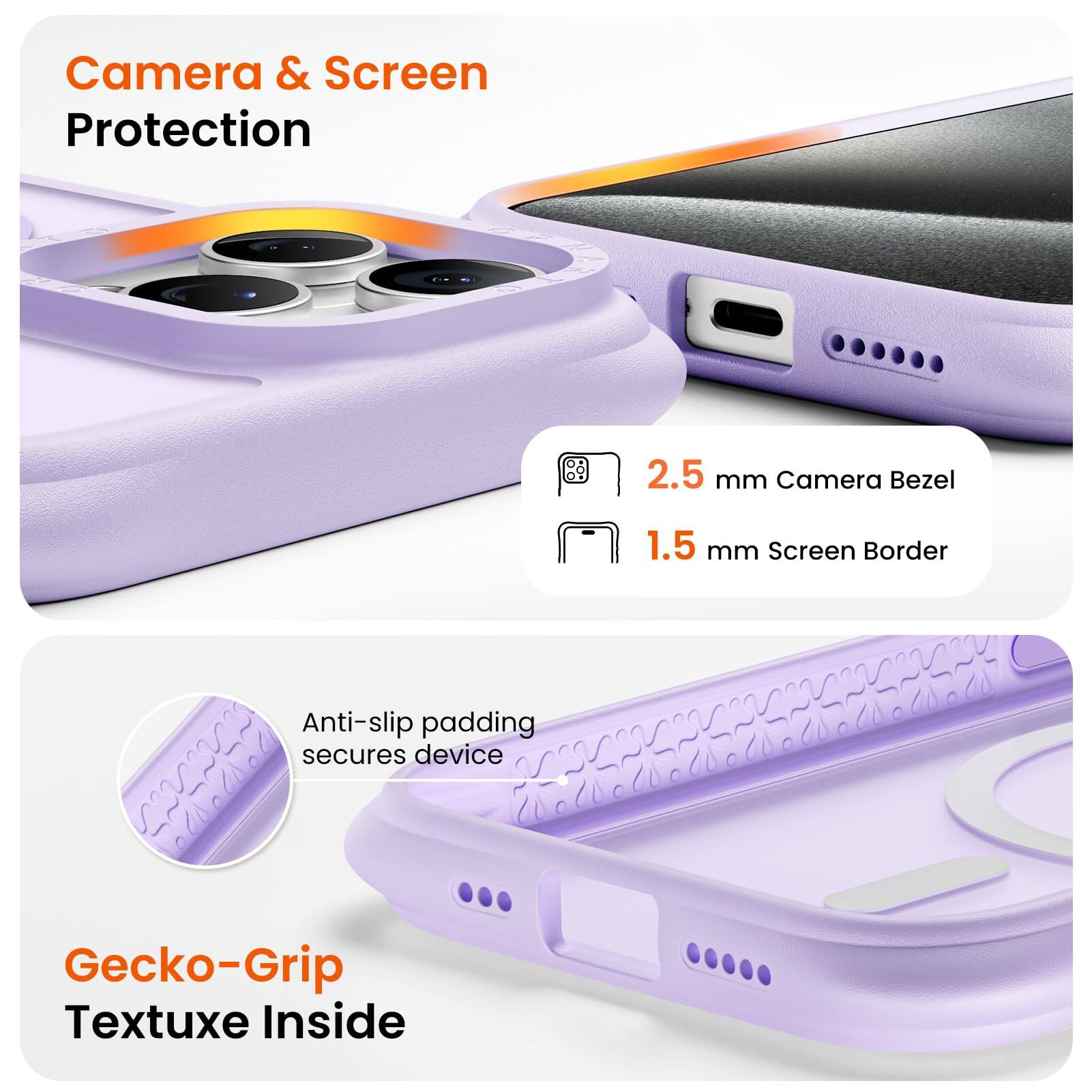 Camera & Screen Protection  
2.5 mm Camera Bezel  
1.5 mm Screen Border  
Anti-slip padding secures device  
Gecko-Grip Textuxe Inside