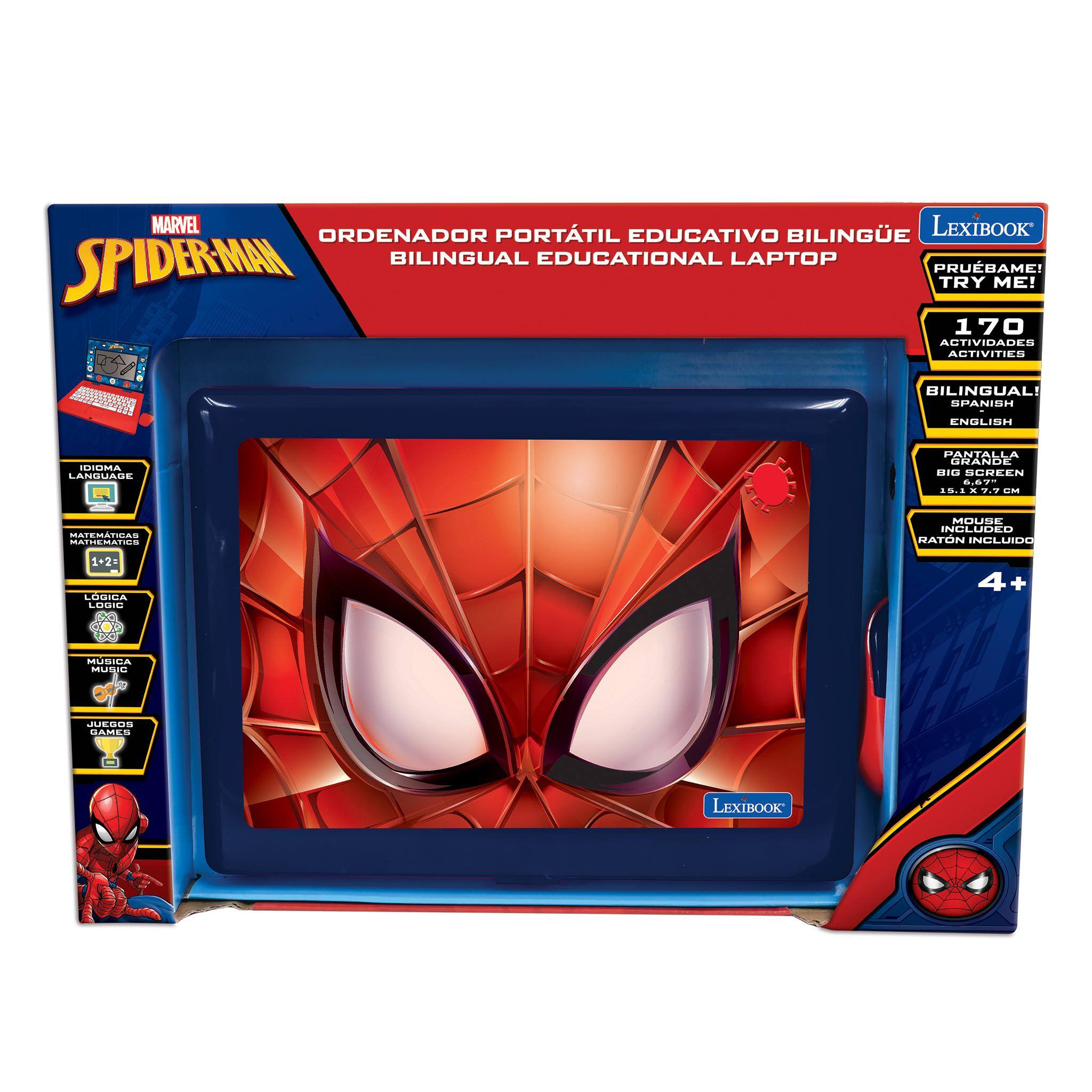 MARVEL PORTATIL LEXIBOOK ORDENADOR EDUCATIVO BILINGUE BILINGUAL EDUCATIONAL LAPTOP SPIDERMAN PRUBAME! TRY ME! 170 ACTIVIDADES : ACTIVITIES BILINGUAL! ARREN SPANISH ENGLISH ILUMA LANGUAGE DANTALIA GRANDE SCREEN 0. A5 MATEMTICAS SEIMENAIES MOUSE INCLUDED NATON INCLUIDO 1+21 LOGICA 00 4+ MUBIA MUIE JUSIOS GAMES LEXIBOOK