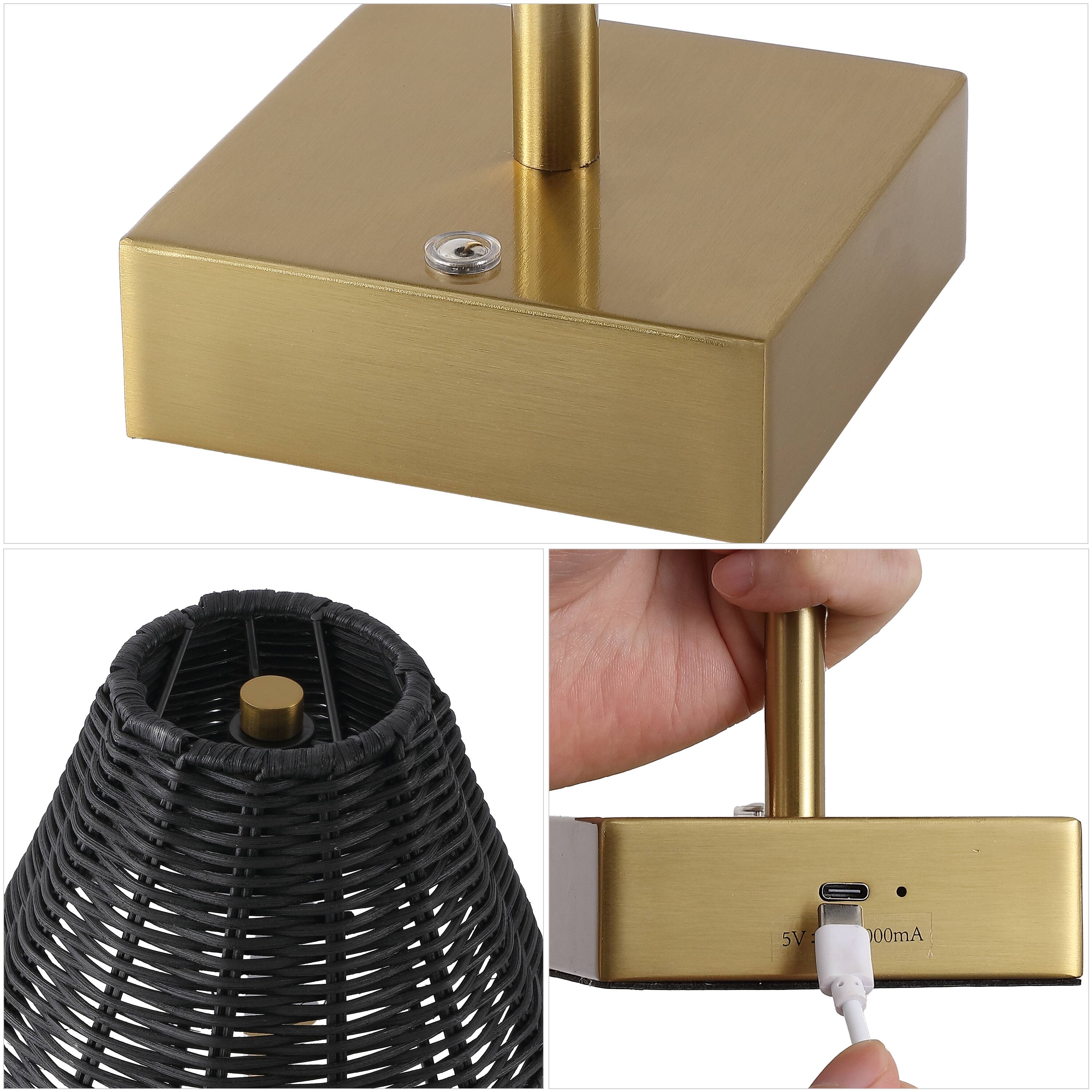Alt View 4. Jonathan Y - Chester 11.25" Rechargeable Table Lamp Set of 2, Bohemian Brass Gold with Black Rattan Shade, Touch Dimmable for Bedroom - Brass Gold.