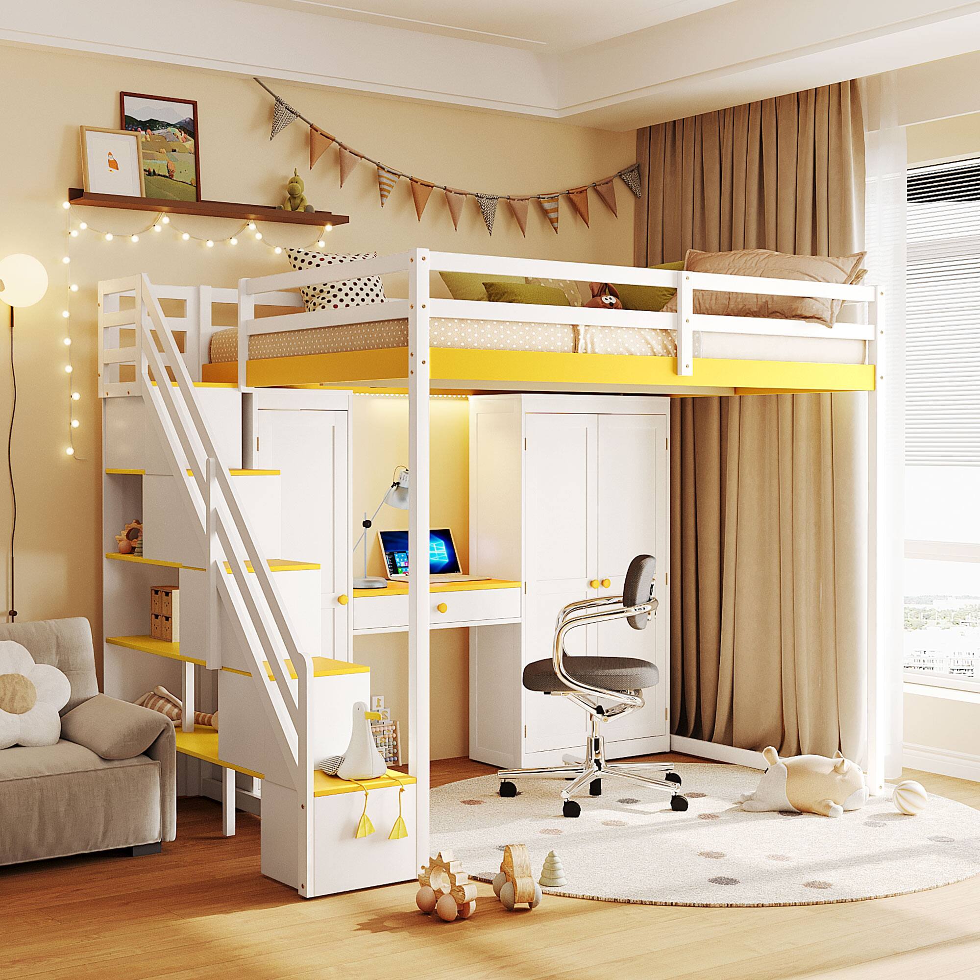 Angle. Anysun - Full Size Loft Bed with Storage Staircase - Built-In Dressing Table & Mirror, Wardrobe, USB Ports & Lights - Yellow.