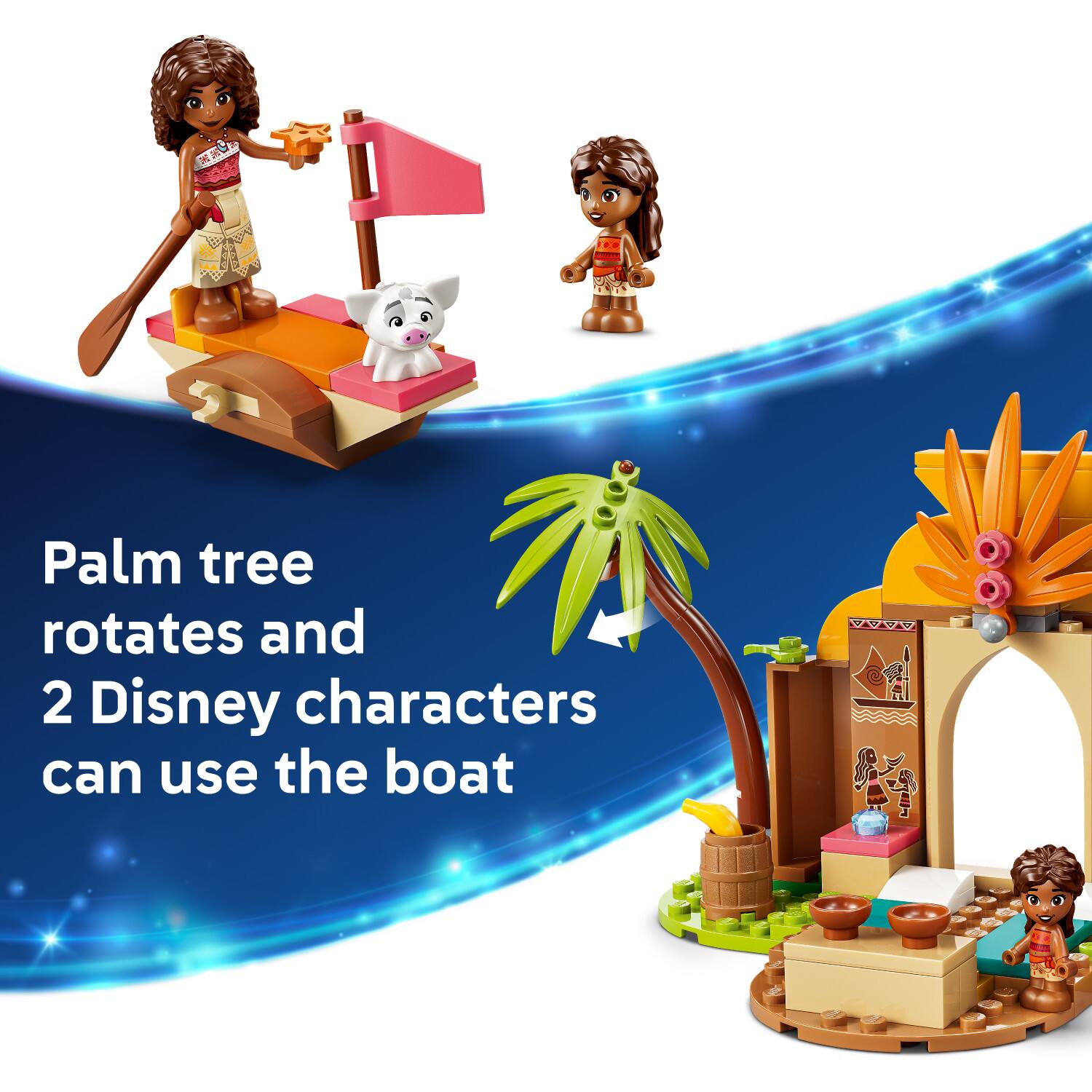 Palm tree rotates and 2 Disney characters can use the boat