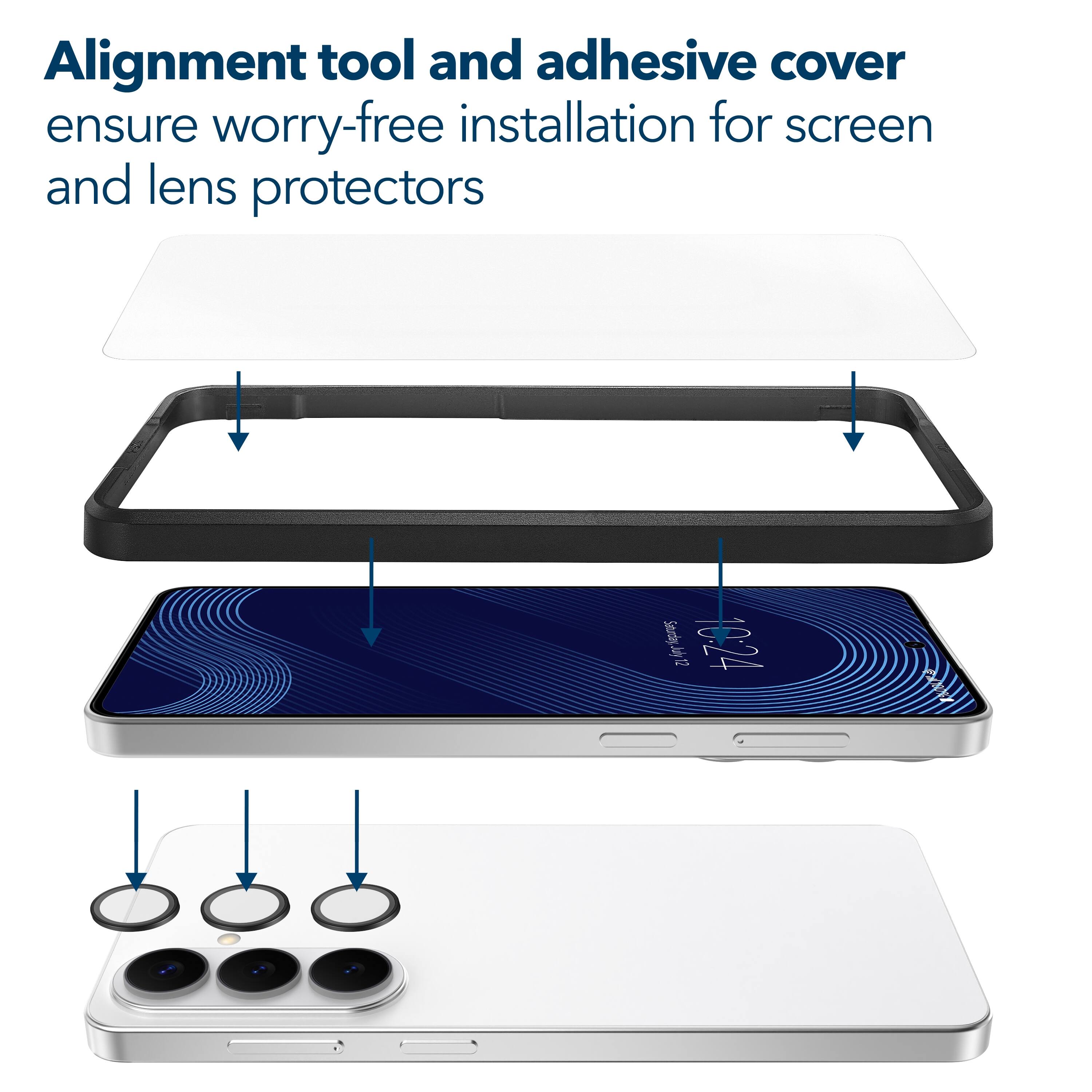Alignment tool and adhesive cover ensure worry-free installation for screen and lens protectors