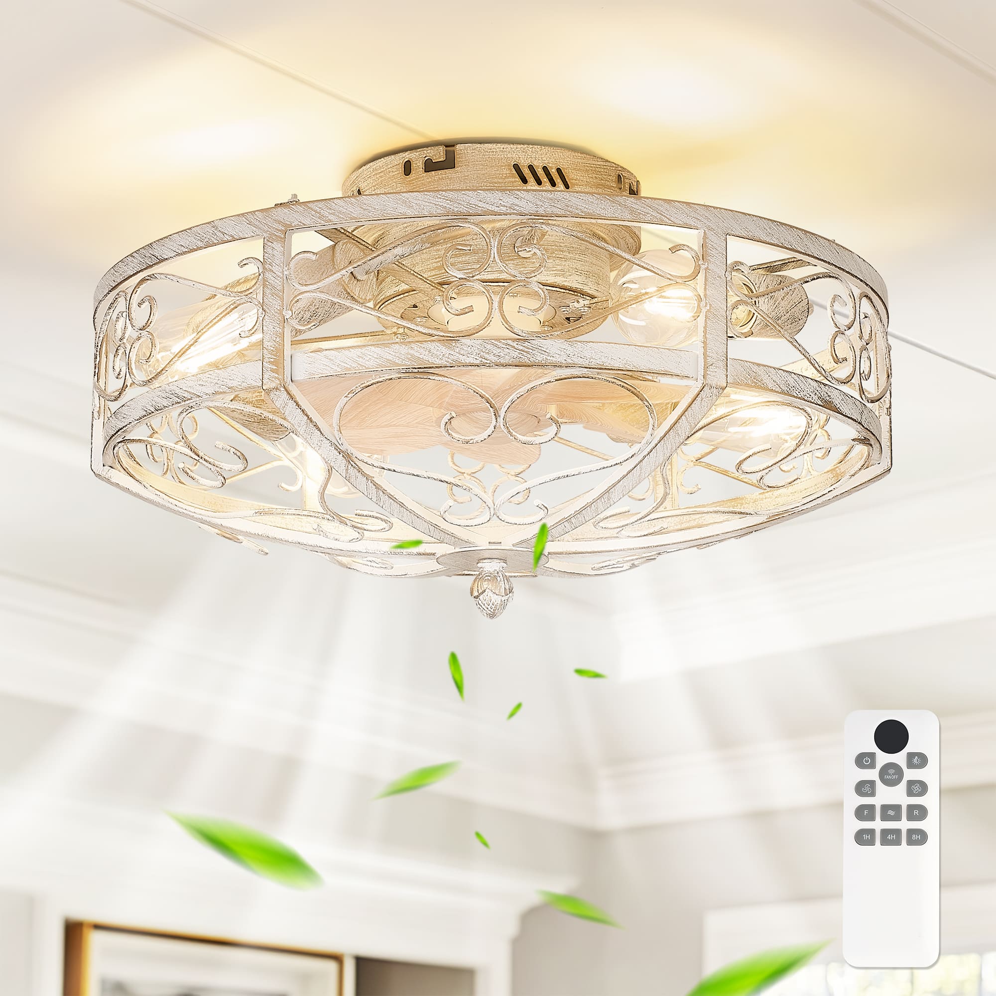 JAZAVA - 20-Inch Indoor Low Profile Cage Ceiling Fan with Light, 100-240V - White and Gold