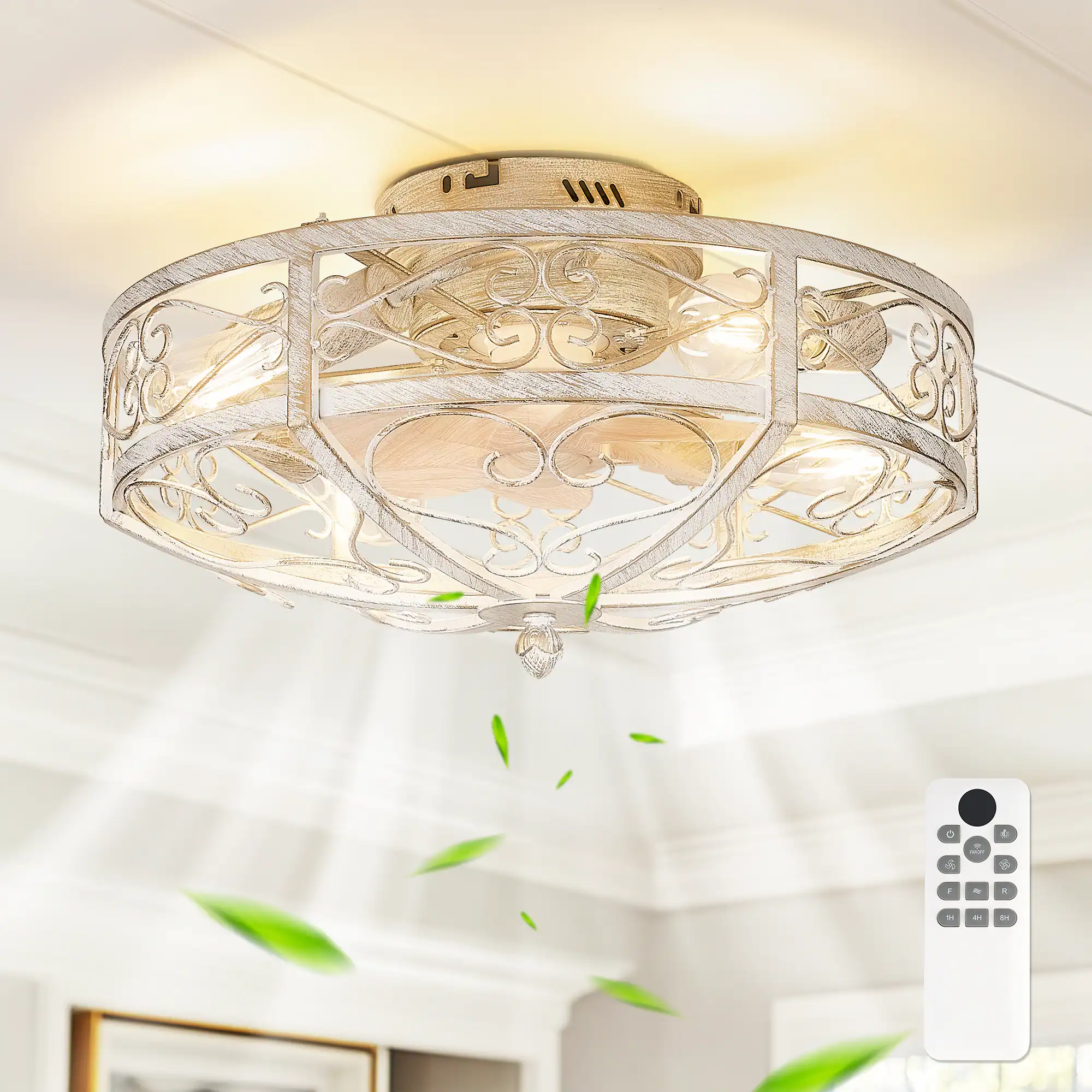 Front. JAZAVA - 20-Inch Indoor White and Gold Low Profile Cage Ceiling Fan with Light, 100-240V - White and Gold.