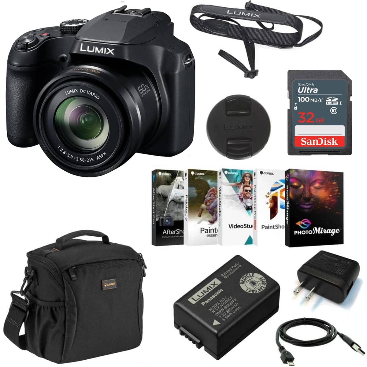 Bundle - Panasonic - LUMIX FZ80D Point & Shoot Digital Camera, with 32GB SDHC Memory Card, Shoulder Bag, PC Software Package