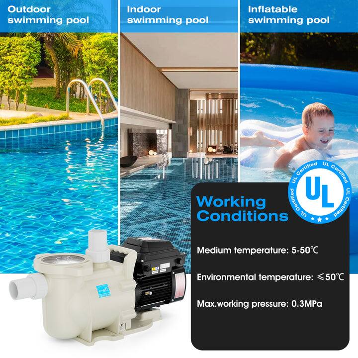 Outdoor swimming pool  
Indoor swimming pool  
Inflatable swimming pool  

Working Conditions  
Medium temperature: 5-50°C  
Environmental temperature: ≤50°C  
Max. working pressure: 0.3MPa  

UL Certified