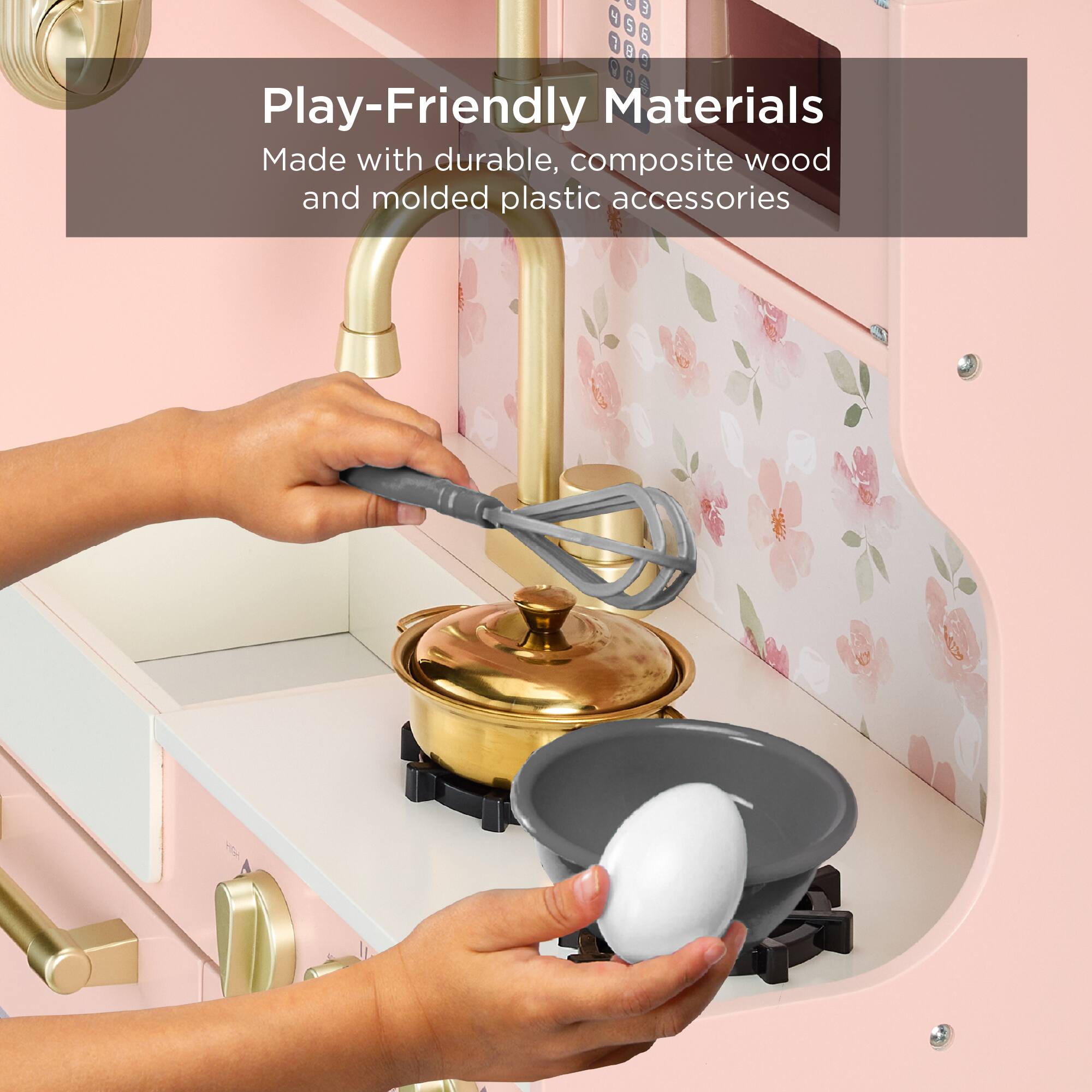 Play-Friendly Materials  
Made with durable, composite wood and molded plastic accessories