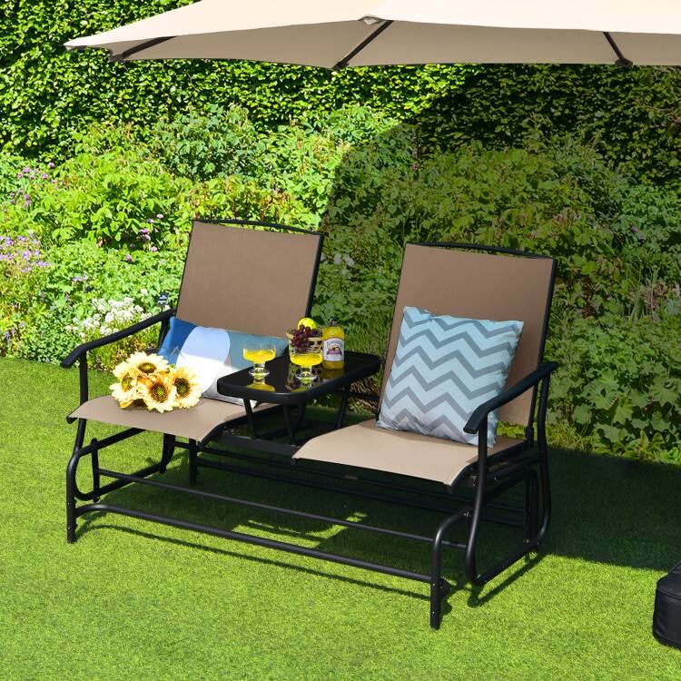 Alt View 2. Mondawe - 2-Person Rocking Loveseat w/ Center Tempered Glass Table, Double Outdoor Glider Bench with Mesh Fabric - Beige.