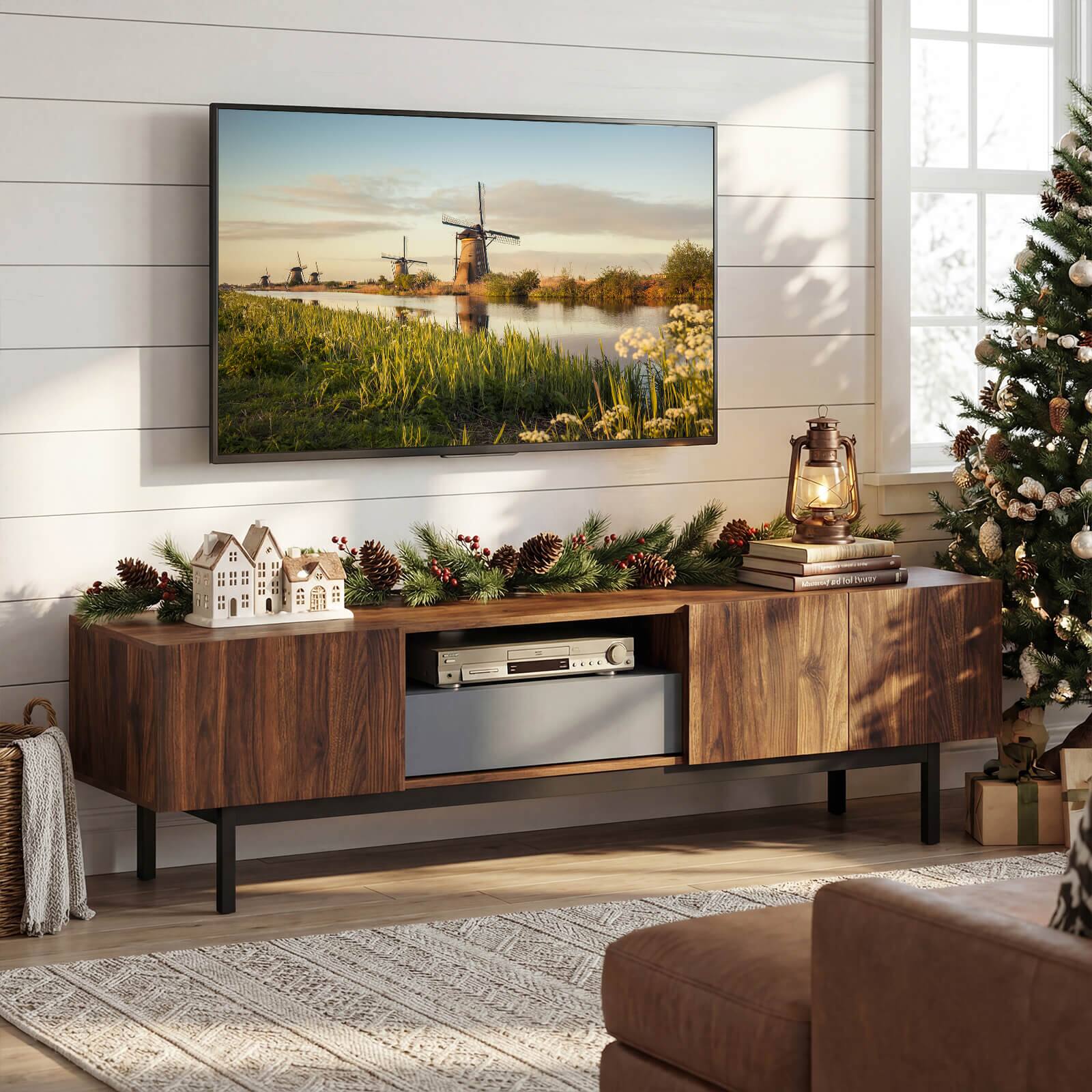 Alt View 1. Costway - Costway TV Stand for TVs up to 80" with Drawer Cable Hole Metal Legs Entertainment Center - Walnut,Gray.