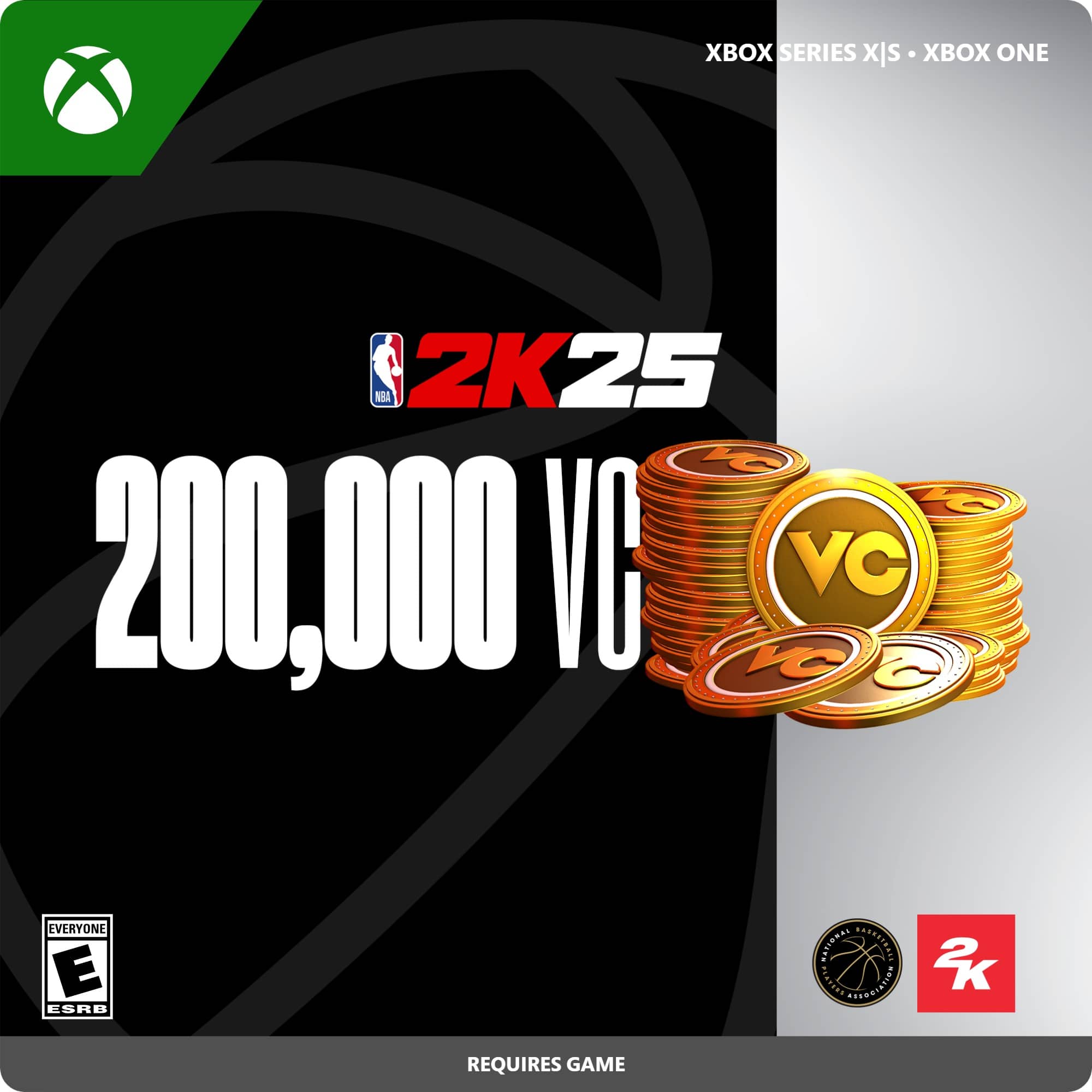 NBA 2K25 XBOX ONE SERIES X BOX ONE. BUY 200,000 VC. REQUIRES GAME. EVERYONE. ESRB RATING: E. FEEDBACK DANEATRRDE OUSATIE AESOEIATION 2K.