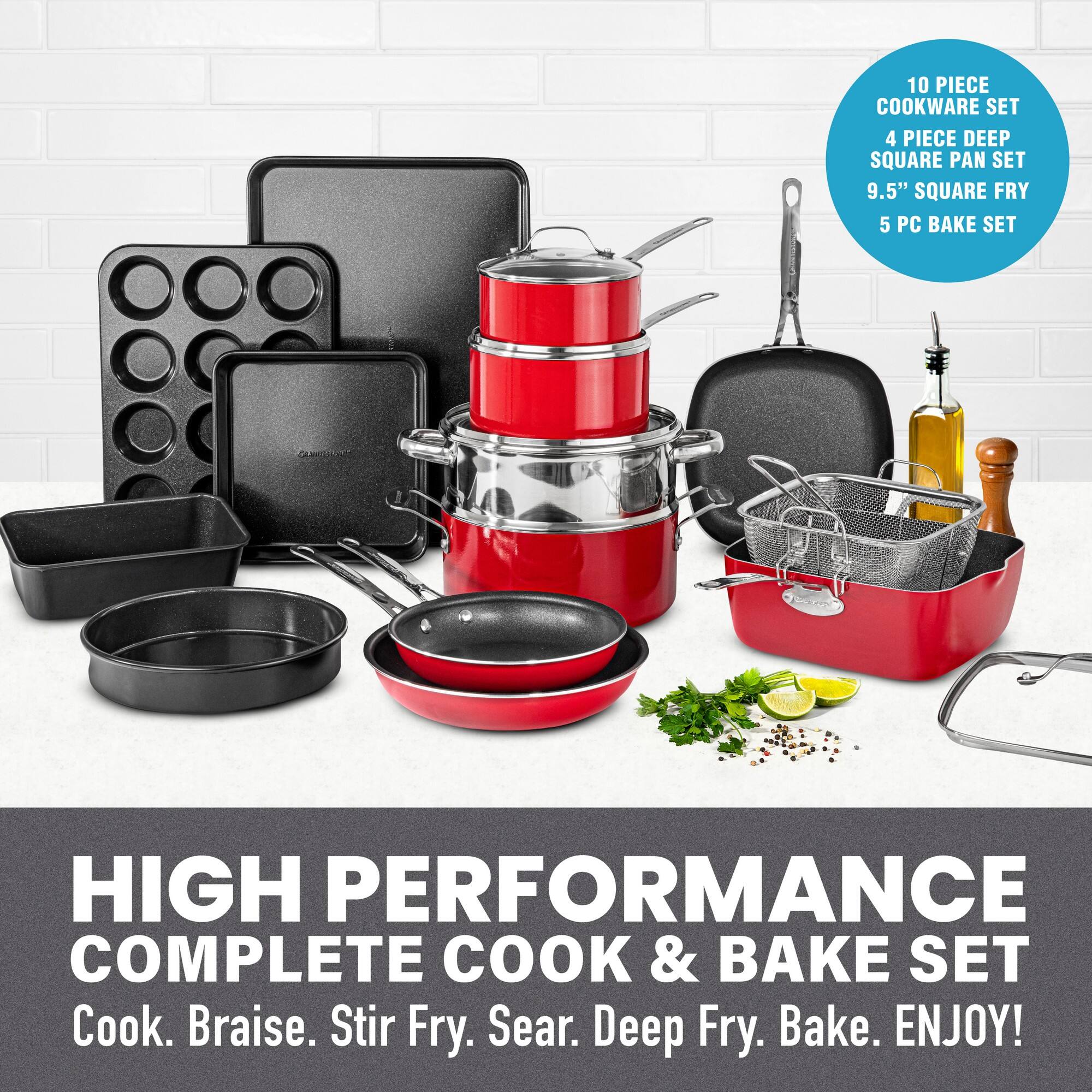 10 PIECE COOKWARE SET, 4 PIECE DEEP SQUARE PAN SET, 9.5" SQUARE FRY, 5 PC BAKE SET, HIGH PERFORMANCE COMPLETE COOK & BAKE SET, Cook. Braise. Stir Fry. Sear. Deep Fry. Bake. ENJOY!
