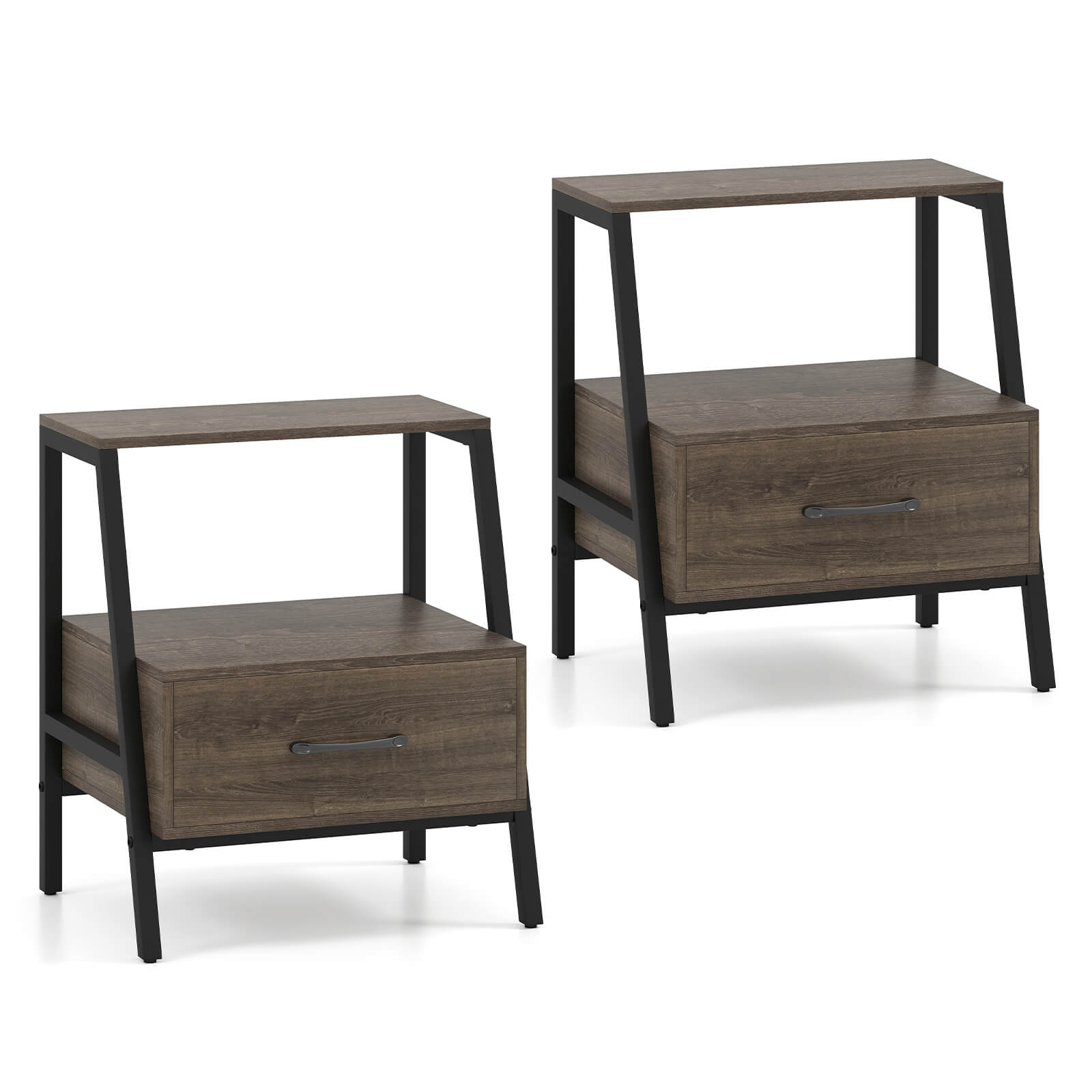 Angle. Costway - Costway 2 PCS Nightstand with Drawer Farmhouse 3-Tier Bedside Table with Open Shelf End Table - Gray.