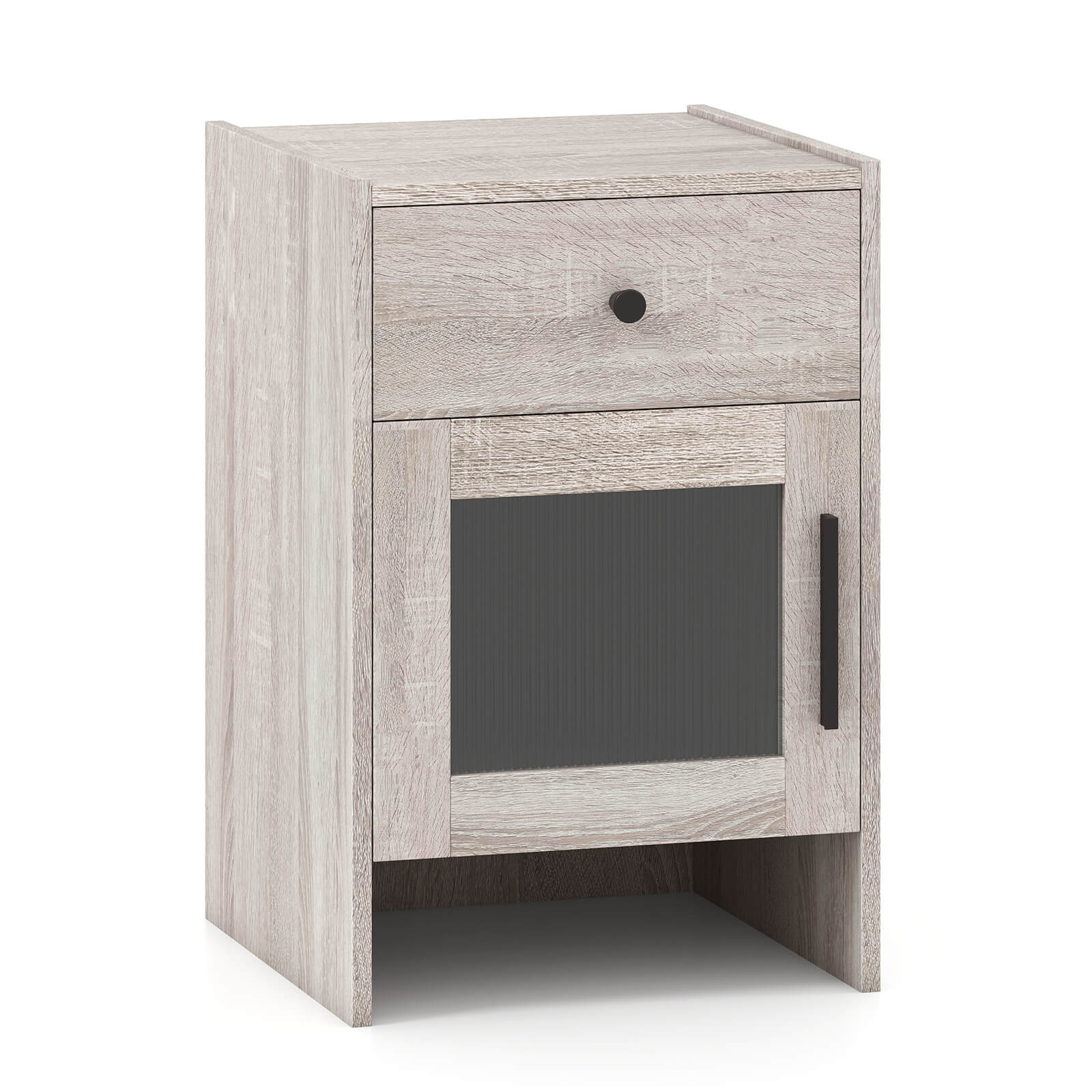 Angle. Costway - Costway 1 PCS Farmhouse Nightstand Fluted Bed Side Table with Large Drawer & Enclosed Cabinet - Natural.