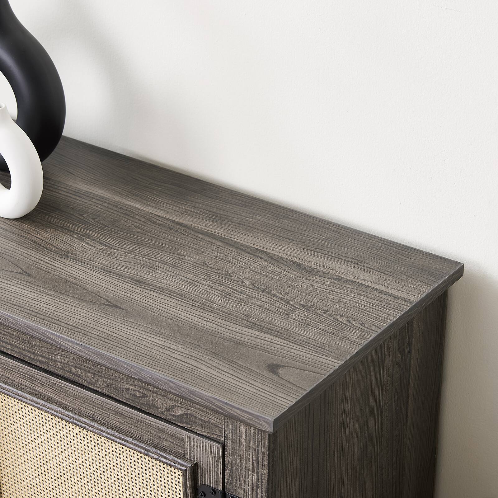 Alt View 3. Chateau Abodes - 65" Farmhouse TV Stand with Natural Rattan Doors, Adjustable Wood Shelf & 23" Fireplace Insert for up to 70" TVs - Grey.