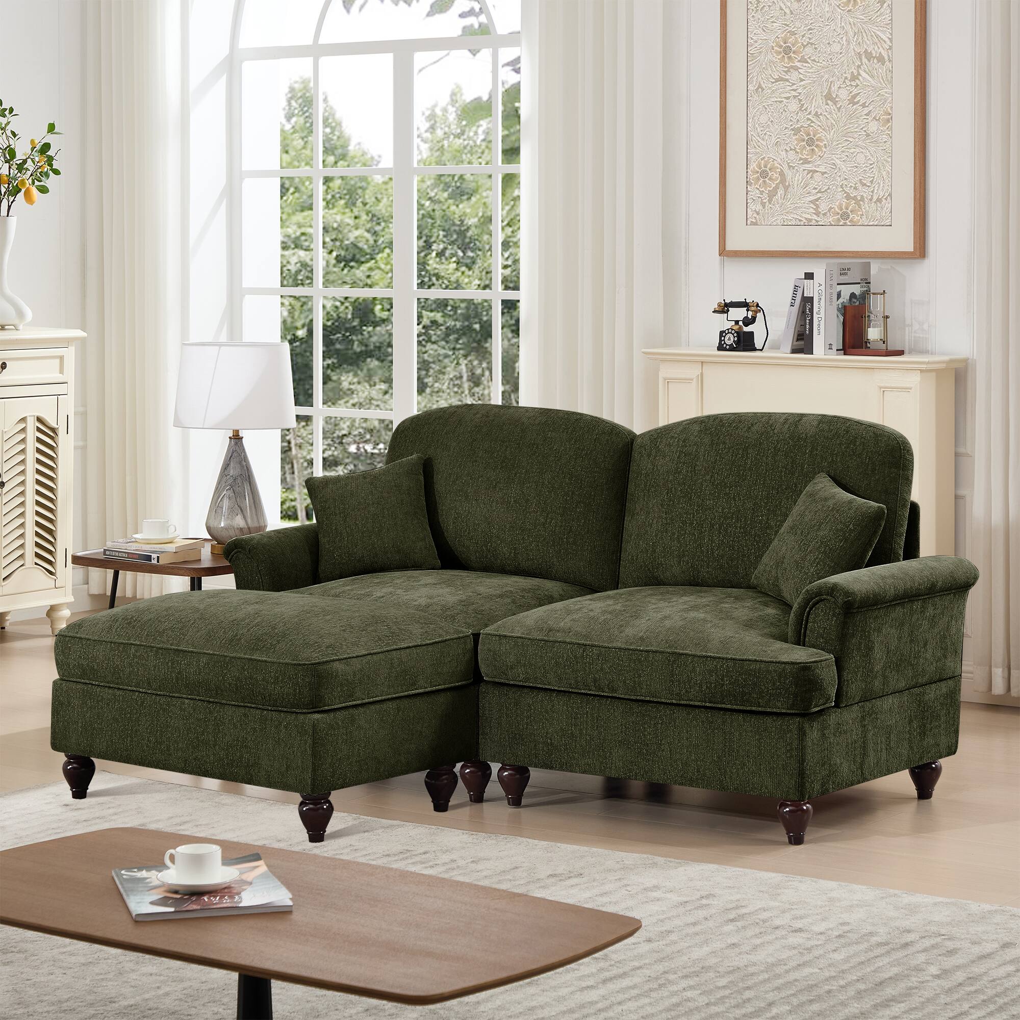 Angle. Anysun - Mid-Century L-Shape Chenille Loveseat with Ottoman - Flared Arms, Ruffled Skirt & Spindle Legs - Green.