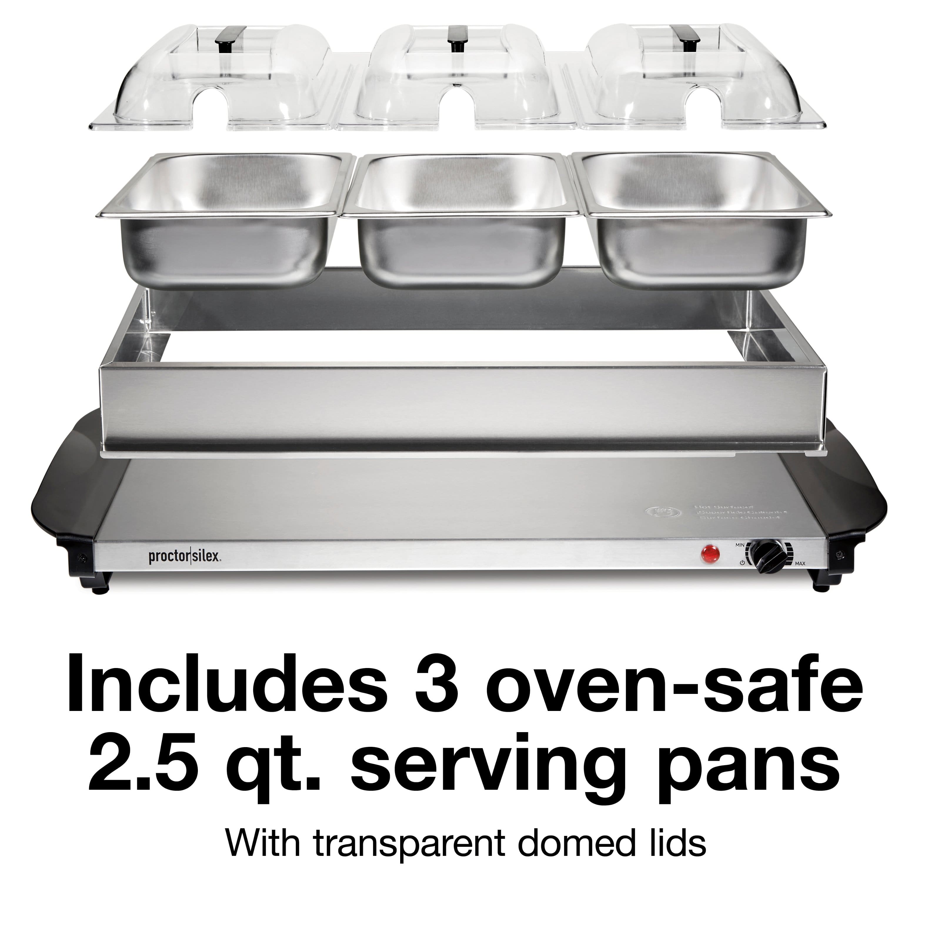 proctor silex
Includes 3 oven-safe 2.5 qt. serving pans
With transparent domed lids