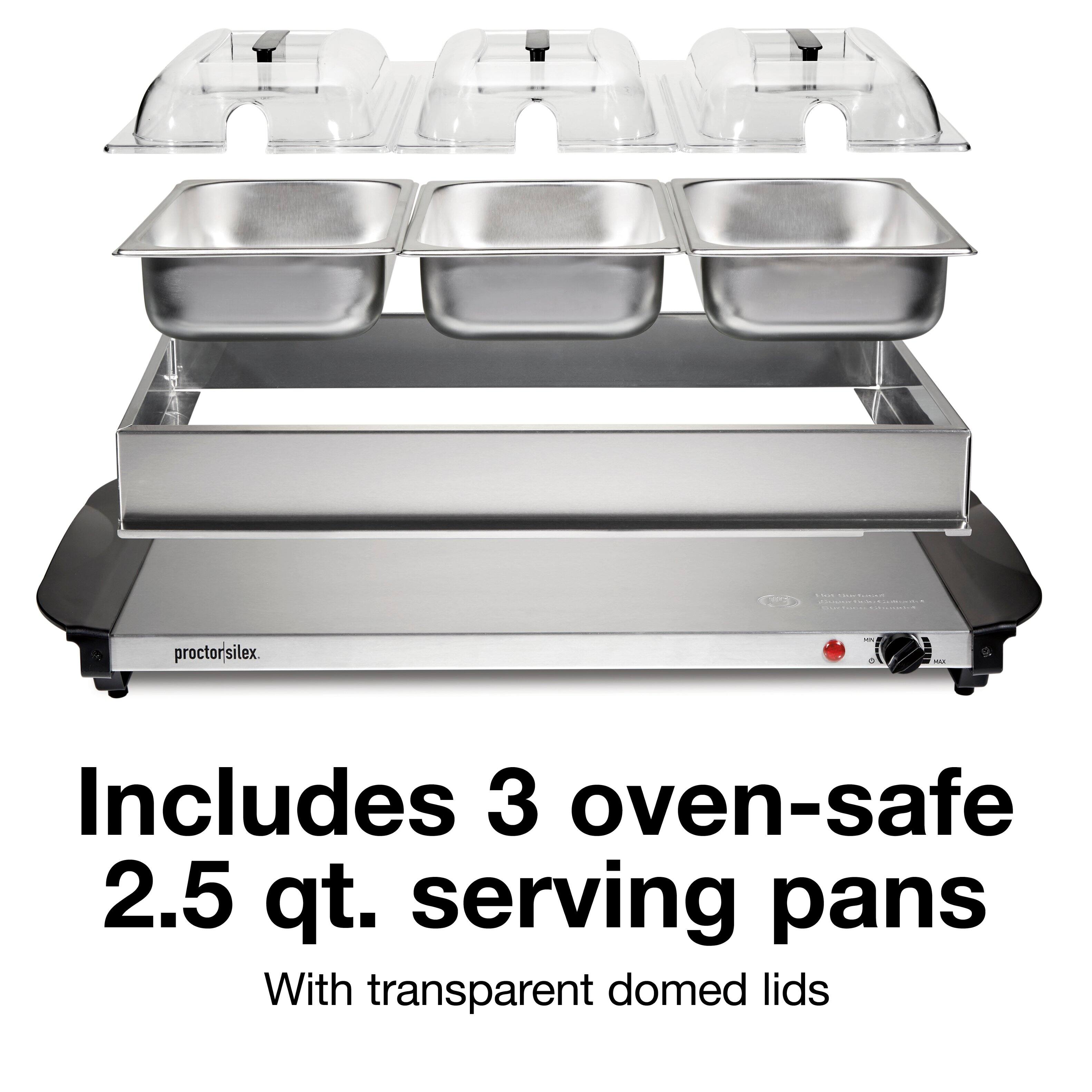 proctor silex

Includes 3 oven-safe 2.5 qt. serving pans

With transparent domed lids