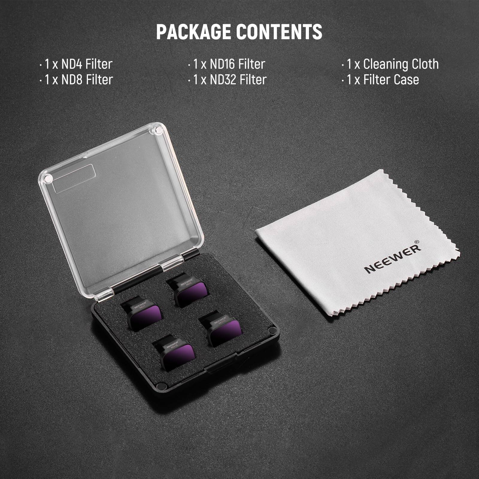 PACKAGE CONTENTS

- 1 x ND4 Filter
- 1 x ND8 Filter
- 1 x ND16 Filter
- 1 x ND32 Filter
- 1 x Cleaning Cloth
- 1 x Filter Case