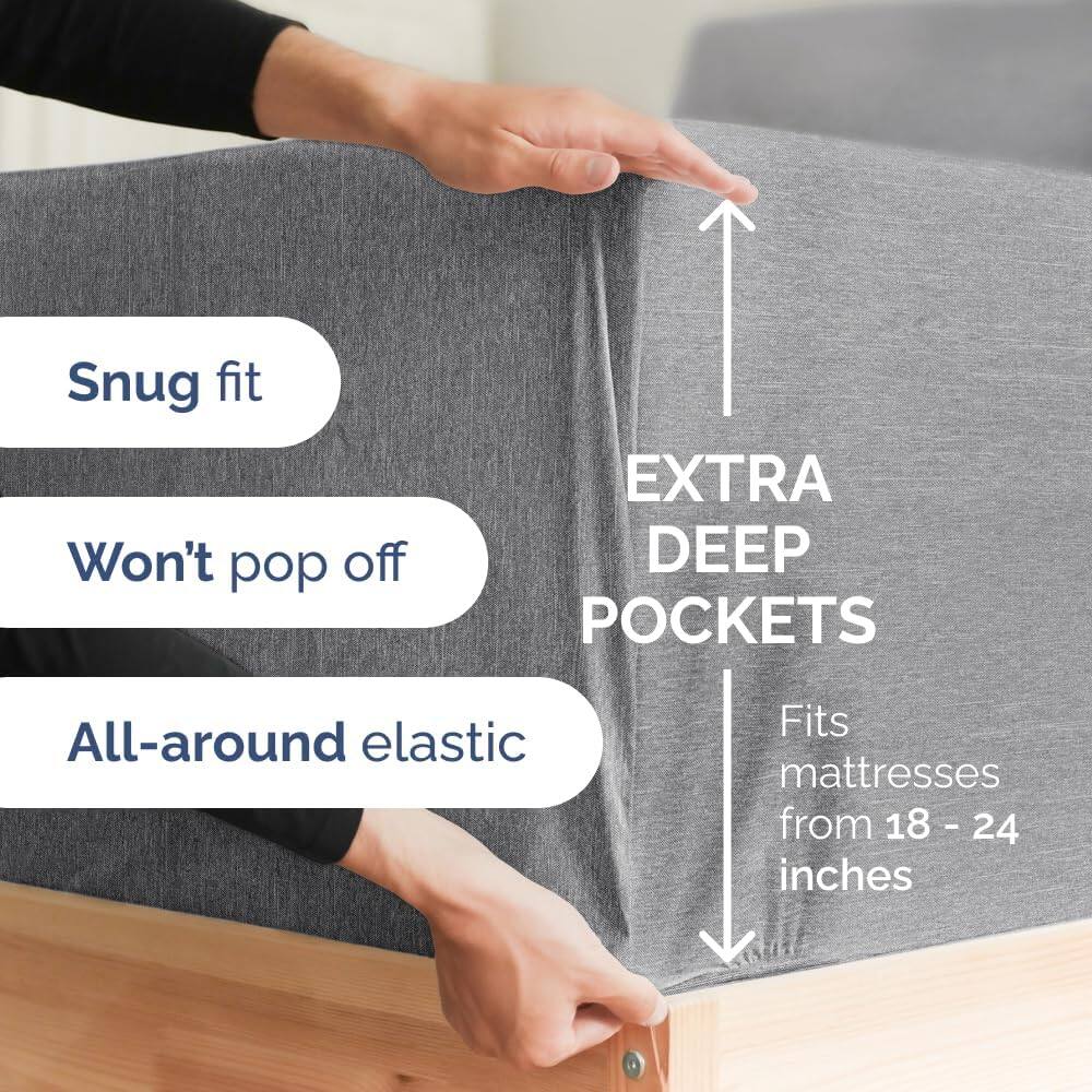 Snug fit  
Won't pop off  
EXTRA DEEP POCKETS  
All-around elastic  
Fits mattresses from 18 - 24 inches