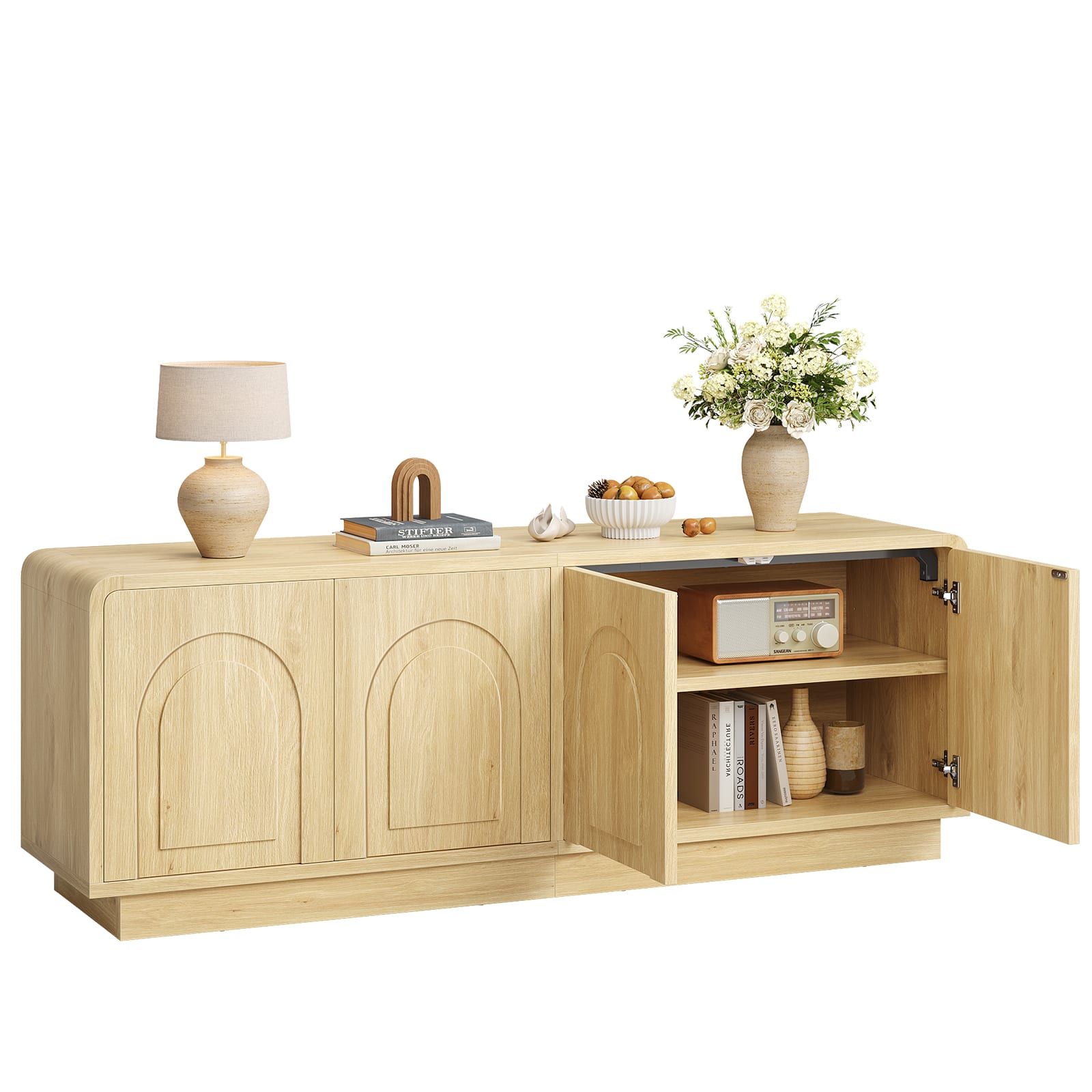 Bestier - Modern Mid-Century 63" TV Stand for TVs up to 70", Elegant 4-Door Media Console with Arched Fluted Panels and Shelving - Natual Oak