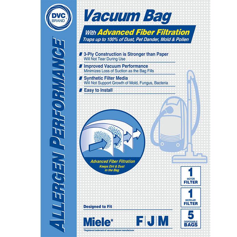 DVC BRAND  
Vacuum Bag  
With Advanced Fiber Filtration  
Traps up to 100% of Dust, Pet Dander, Mold & Pollen  

- 3-Ply Construction is Stronger than Paper  
  Will Not Tear During Use  
- Improved Vacuum Performance  
  Minimizes Loss of Suction as the Bag Fills  
- Synthetic Filter Media  
  Will Not Support Growth of Mold, Fungus, Bacteria  
- Easy to Install  

Advanced Fiber Filtration  
Keeps Dirt & Dust in the Bag  

Designed to Fit  
Miele*  
FJIM  
1 MOTOR FILTER  
1 MICRO-AIR FILTER  
5 DISPOSABLE BAGS  

*Registered trademark of vacuum cleaner manufacturer