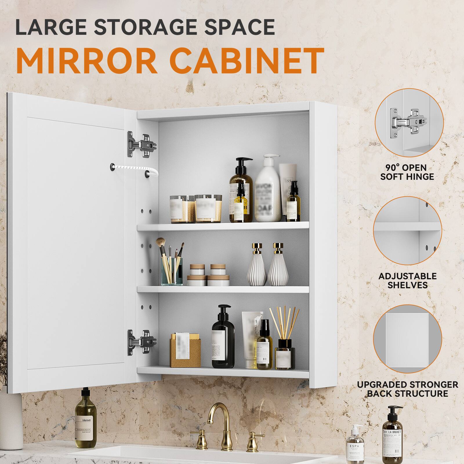 LARGE STORAGE SPACE MIRROR CABINET

- 90° OPEN SOFT HINGE
- ADJUSTABLE SHELVES
- UPGRADED STRONGER BACK STRUCTURE