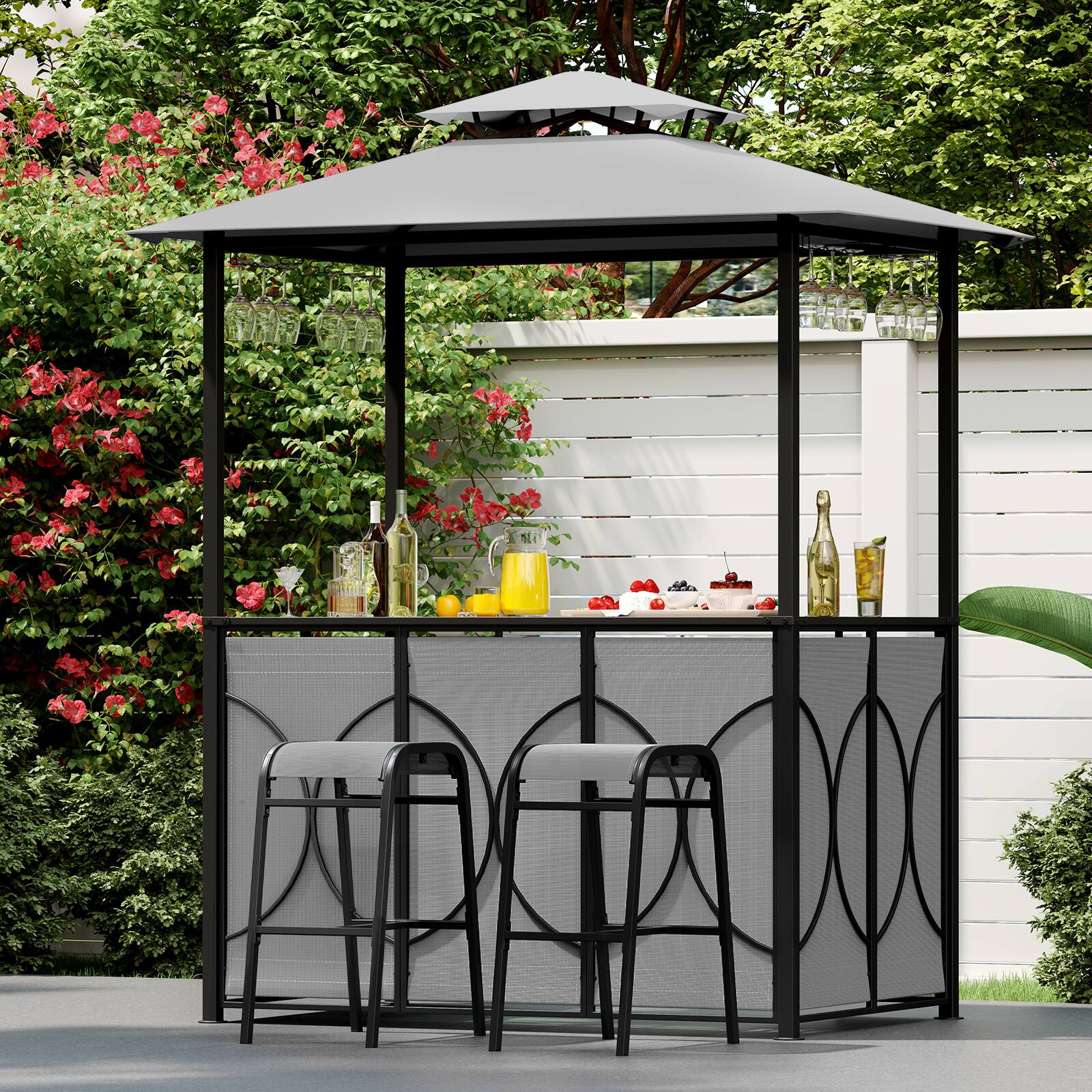 Alt View 1. Costway - Costway 6.5 x 4 x 8 FT Grill Gazebo Set with 2 Bar Stools, Tempered Glass Bar Table - Gray.