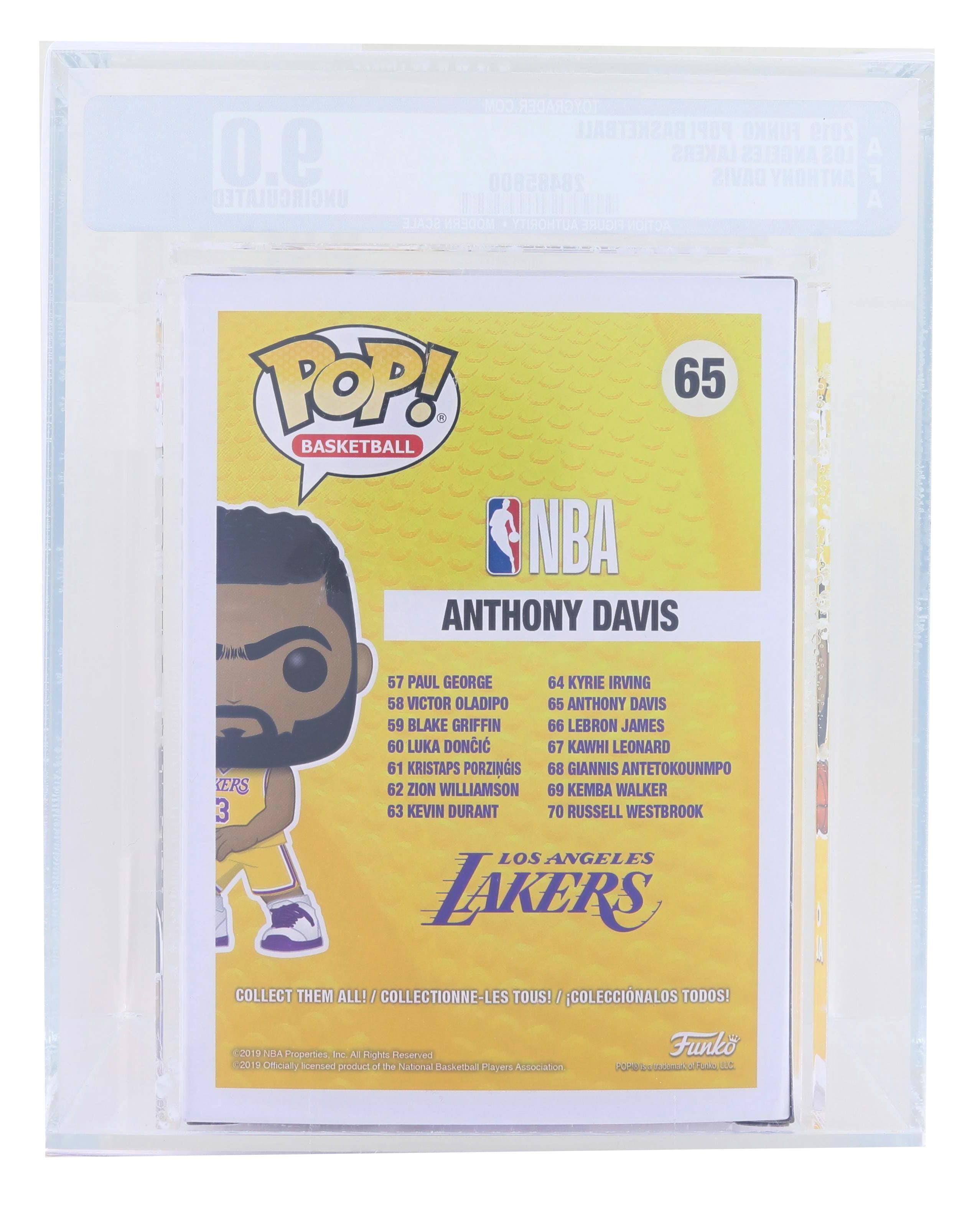 9.0 UNCIRCULATED COM TOYGRADER.COM BASKETBALL POP! FUNKO 2019 LOS ANGELES LAKERS ANTHONY DAVIS YO | SCALE MODERN UA AGUAR AOITR POP! 65 BASKETBALL NBA ANTHONY DAVIS 65 PAUL GEORGE 57 VICTOR OLADIPO 58 BLAKE GRIFFIN 59 LEBRON JAMES 66 LUKA DONCIC 67 KAWHI LEONARD 61 KRISTAPS PORZINGIS 62 GIANNIS ANTETOKOUNMPO 68 KEMBA WALKER 69 KEVIN DURANT 63 RUSSELL WESTBROOK 70 LOS ANGELES LAKERS COLLECT THEM ALL! COLLECTIONNE-LES TOUS! COLECCIONALOS TODOS! 2019 NBA Properties Inc All Rights Reserved 2019 Officially Licensed product of the National Basketball Players Association Funko POP!
