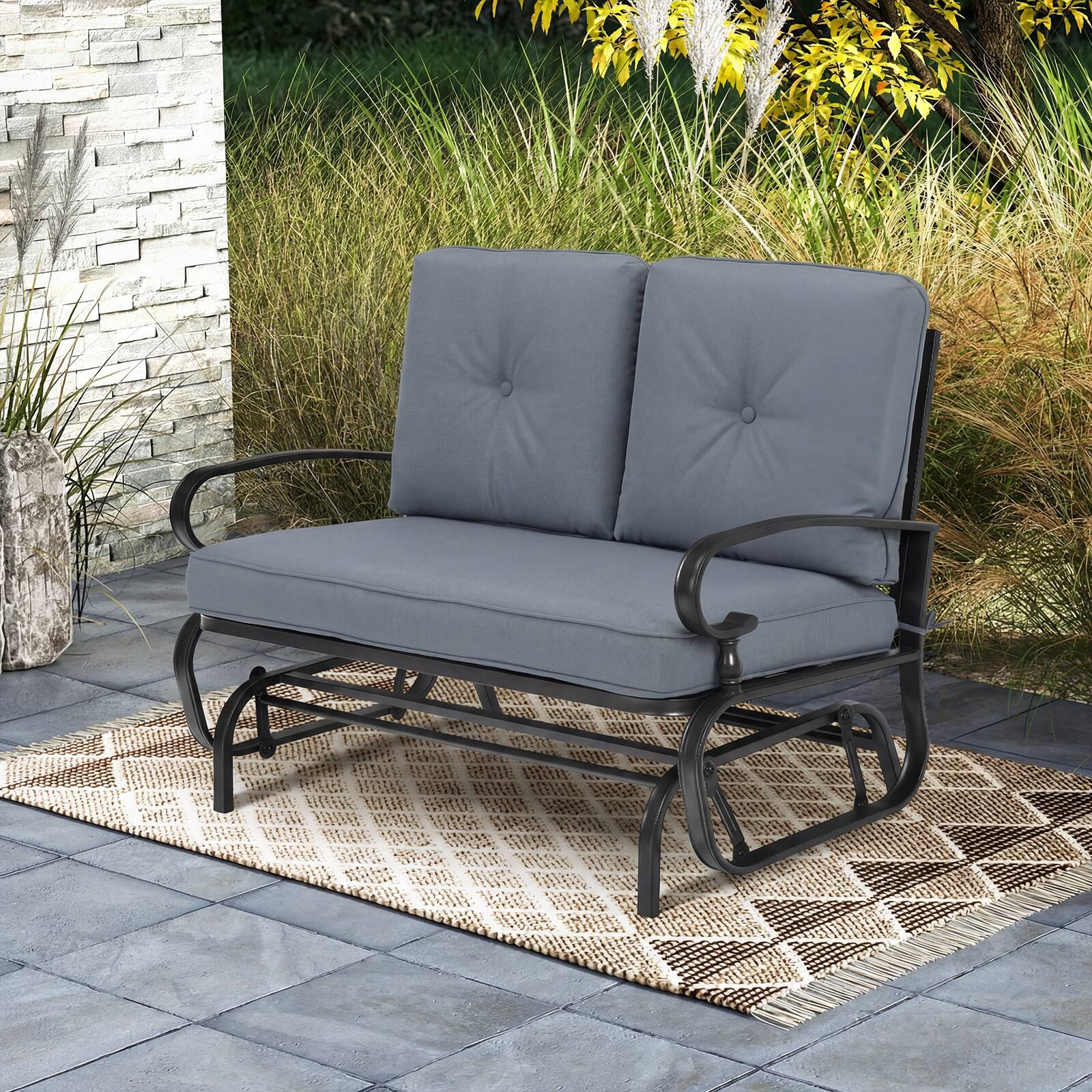 Alt View 1. Costway - Glider Outdoor Patio Rocking Bench Loveseat Cushioned Seat Steel Frame - Grey.