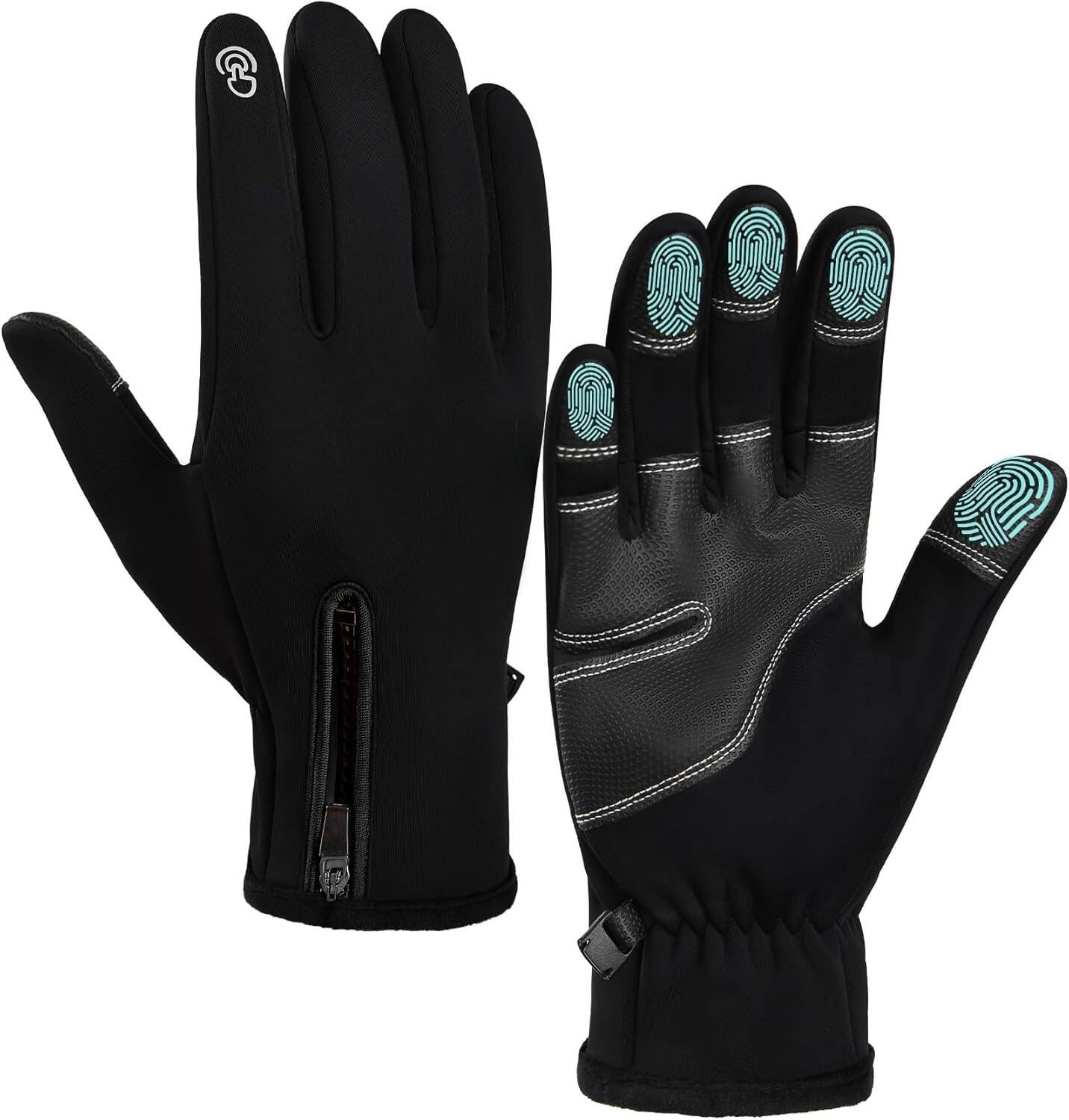 Front. Cozy Serene - Zipper Winter Gloves for Men Women, Thermal Touchscreen Gloves Waterproof Windproof for Cycling, - Black-Small.