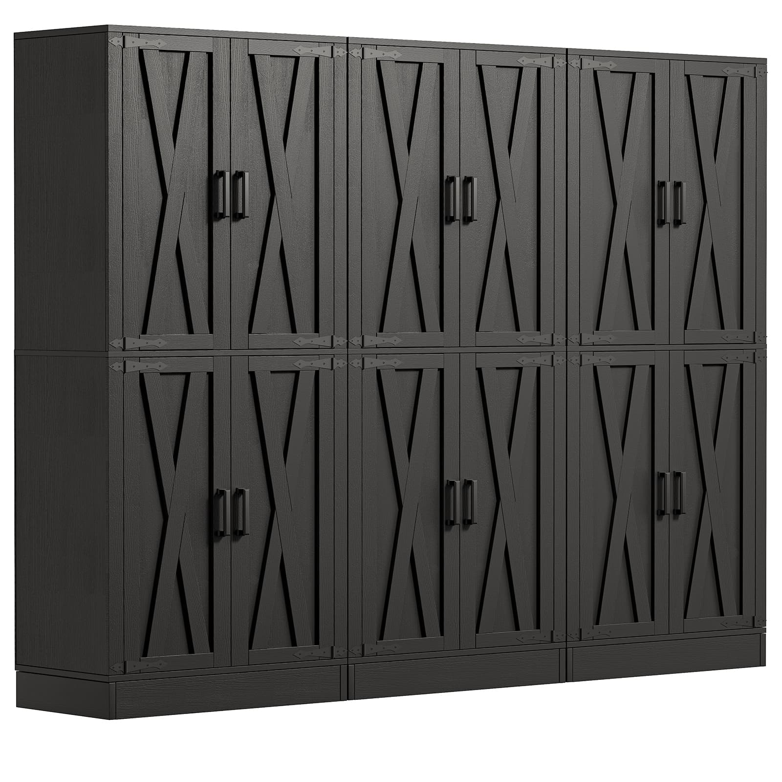 Angle. Aheaplus - 71'' Tall 4 Door Farmhouse Pantry Cabinet with Drawer and Adjustable Shelves, 70.8'' Width Food Cupboard, 3 Packs - Black.
