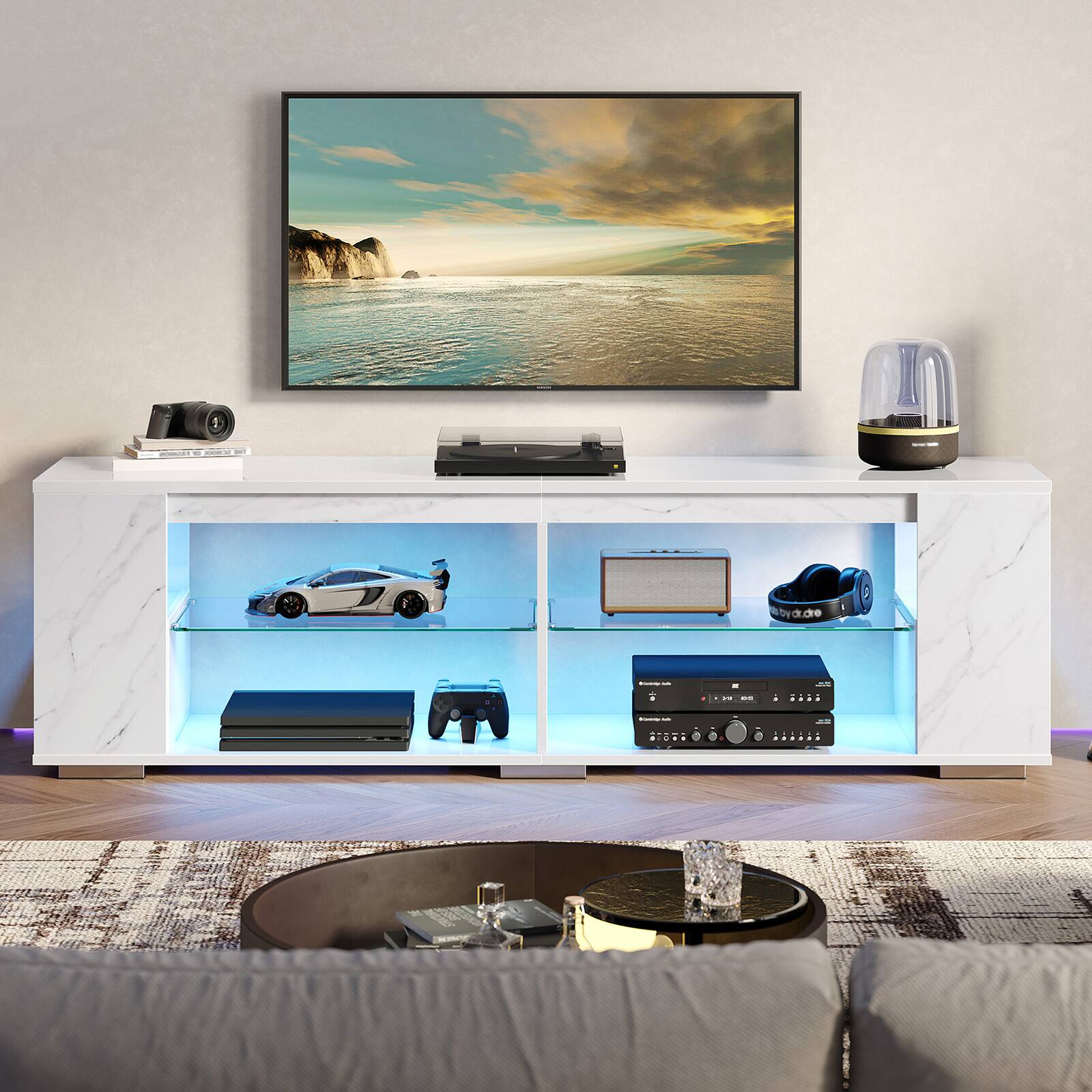 Left. Pinmoco - Pinmoco - 80" LED Gaming TV Stand with Bookshelf & 4 Open Shelves - White - White.