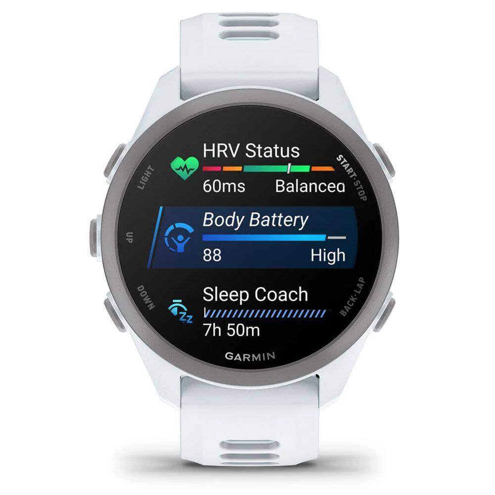 LIGHT UP DOWN HRV Status 60ms Balancea START-STOP STOP Body Battery 88 High Coach LAP Sleep BACK-LAP Z Z 7h 50m GARMIN