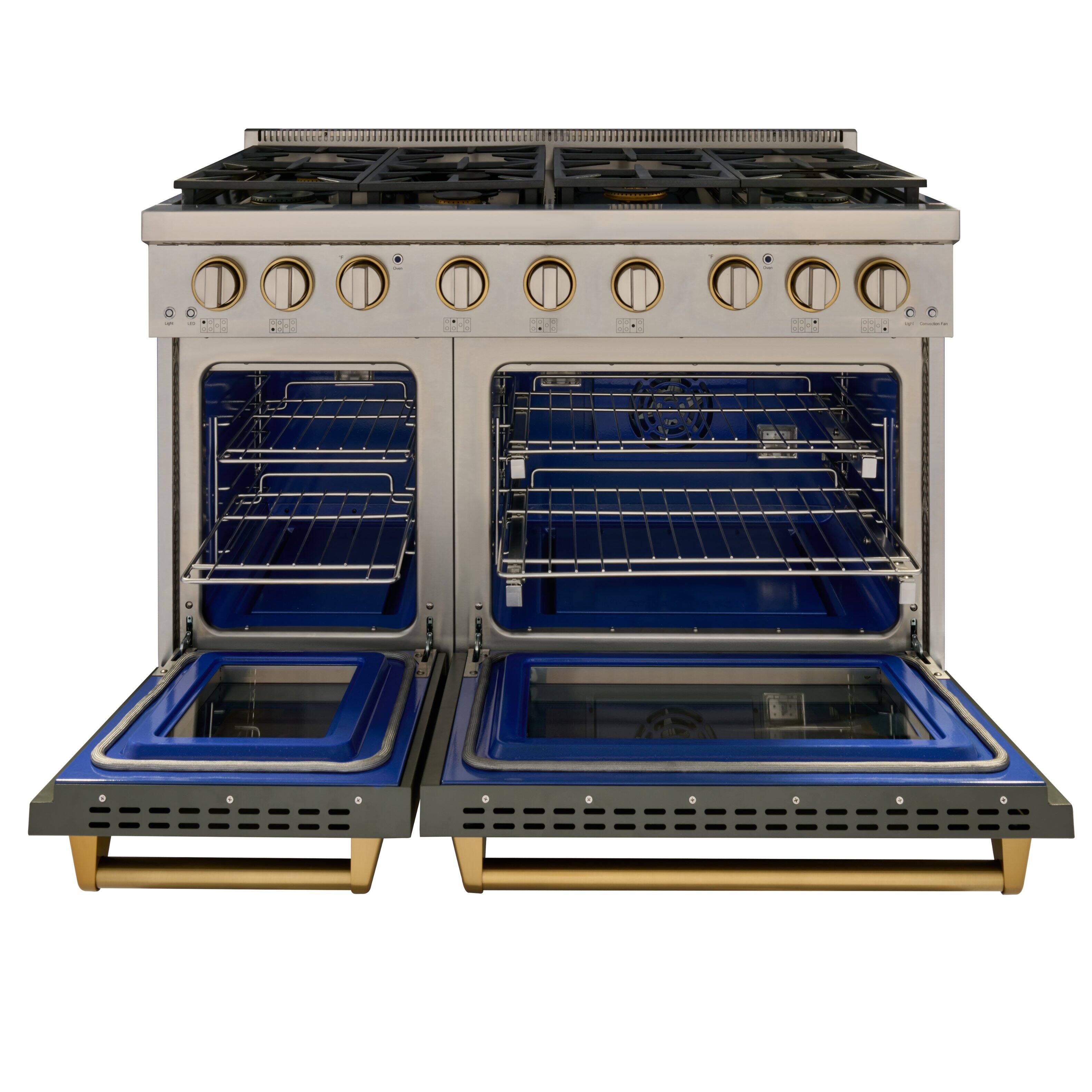 Alt View 1. Kucht - 48 in. 6.7 cu. ft. Natural Gas Range Two Ovens in Olive Green with gold handle and True Simmer Burners - Olive Green.