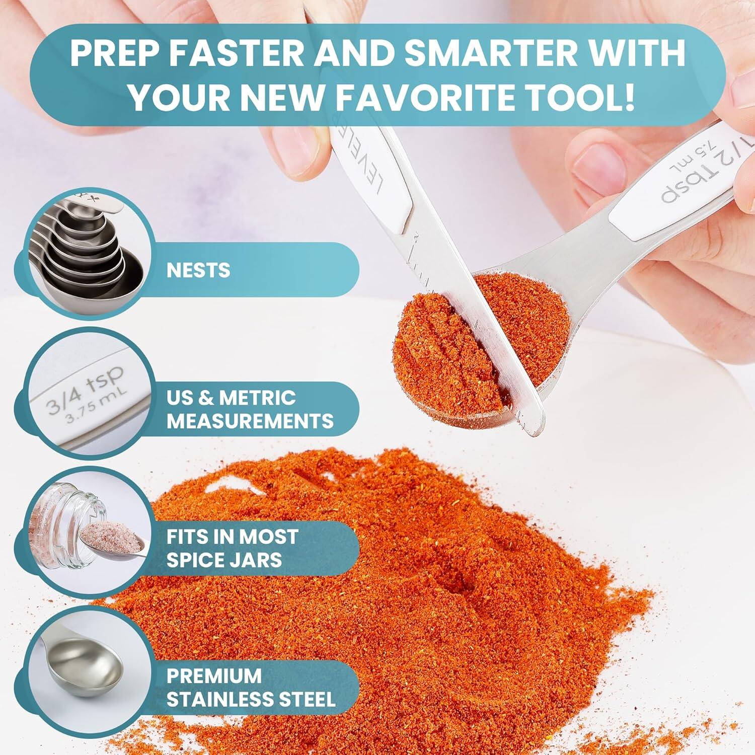 PREP FASTER AND SMARTER WITH YOUR NEW FAVORITE TOOL!

- NESTS
- US & METRIC MEASUREMENTS
- FITS IN MOST SPICE JARS
- PREMIUM STAINLESS STEEL

3/4 TSP 3.75 mL