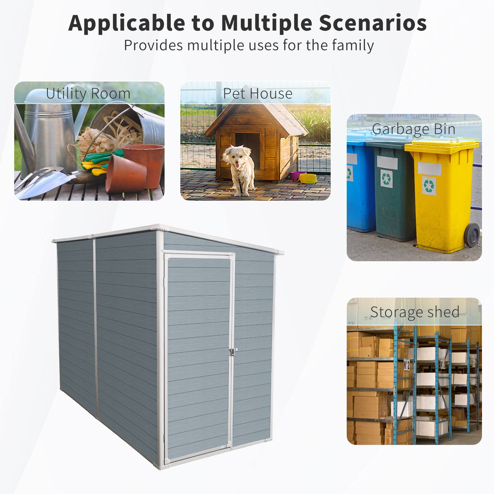 Applicable to Multiple Scenarios  
Provides multiple uses for the family  

- Utility Room  
- Pet House  
- Garbage Bin  
- Storage shed
