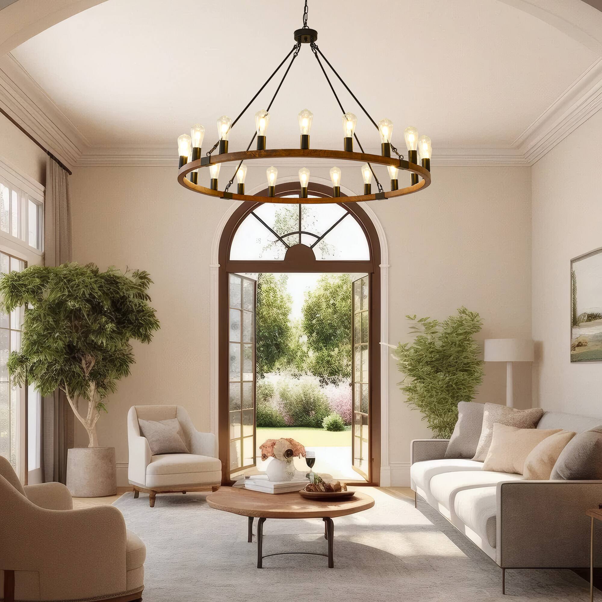 Alt View 4. RYHNUYNE - 20 Lights Wooden Wagon Wheel Chandelier,47'' Rustic Light Fixtures,  Farmhouse Round Chandelier for Living Dining Room - Brown.